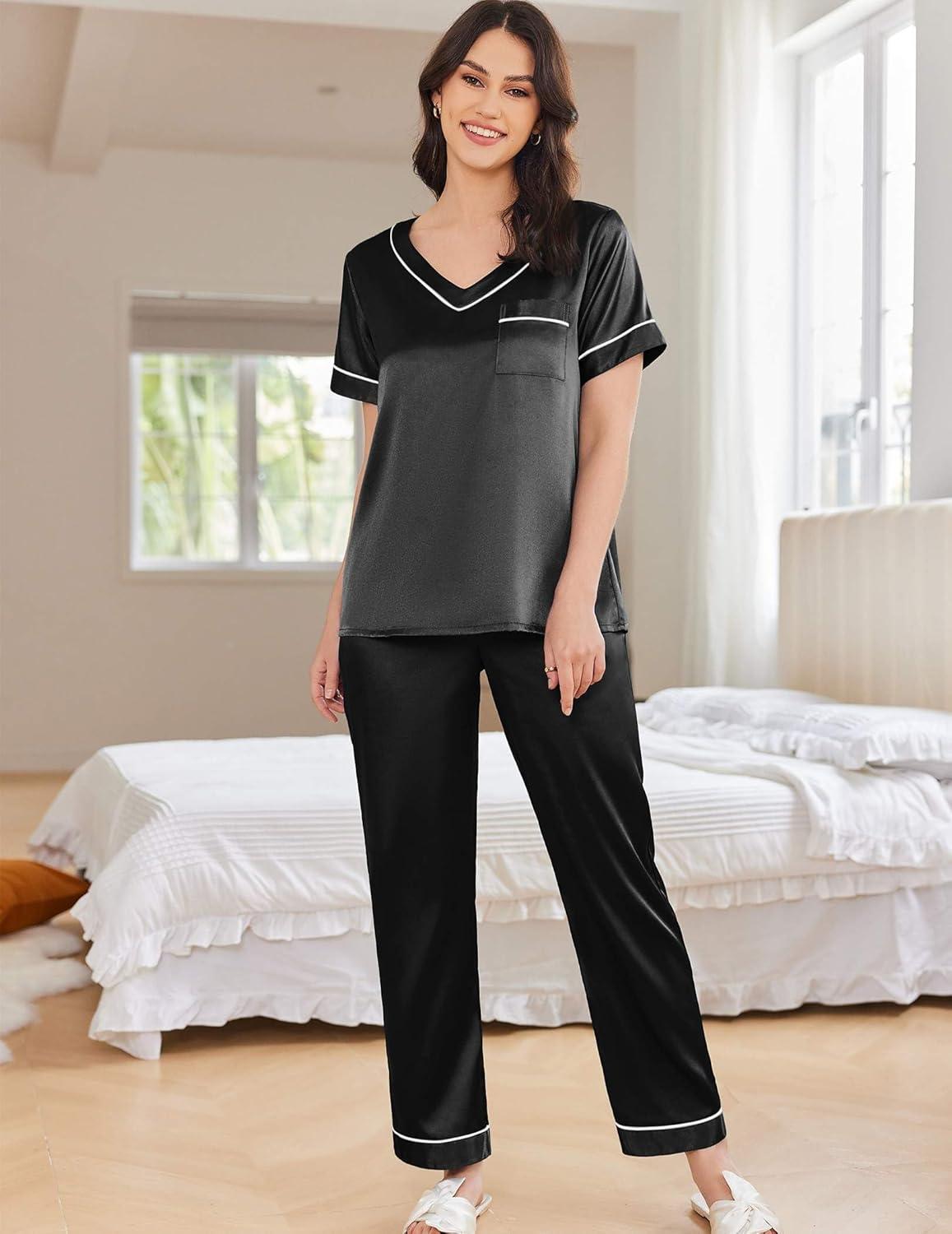 imageEkouaer Satin Pajamas for Women Short Sleeve Silk Pajama Sets Soft Sleepwear Top with Causal Long Pj PantBlack