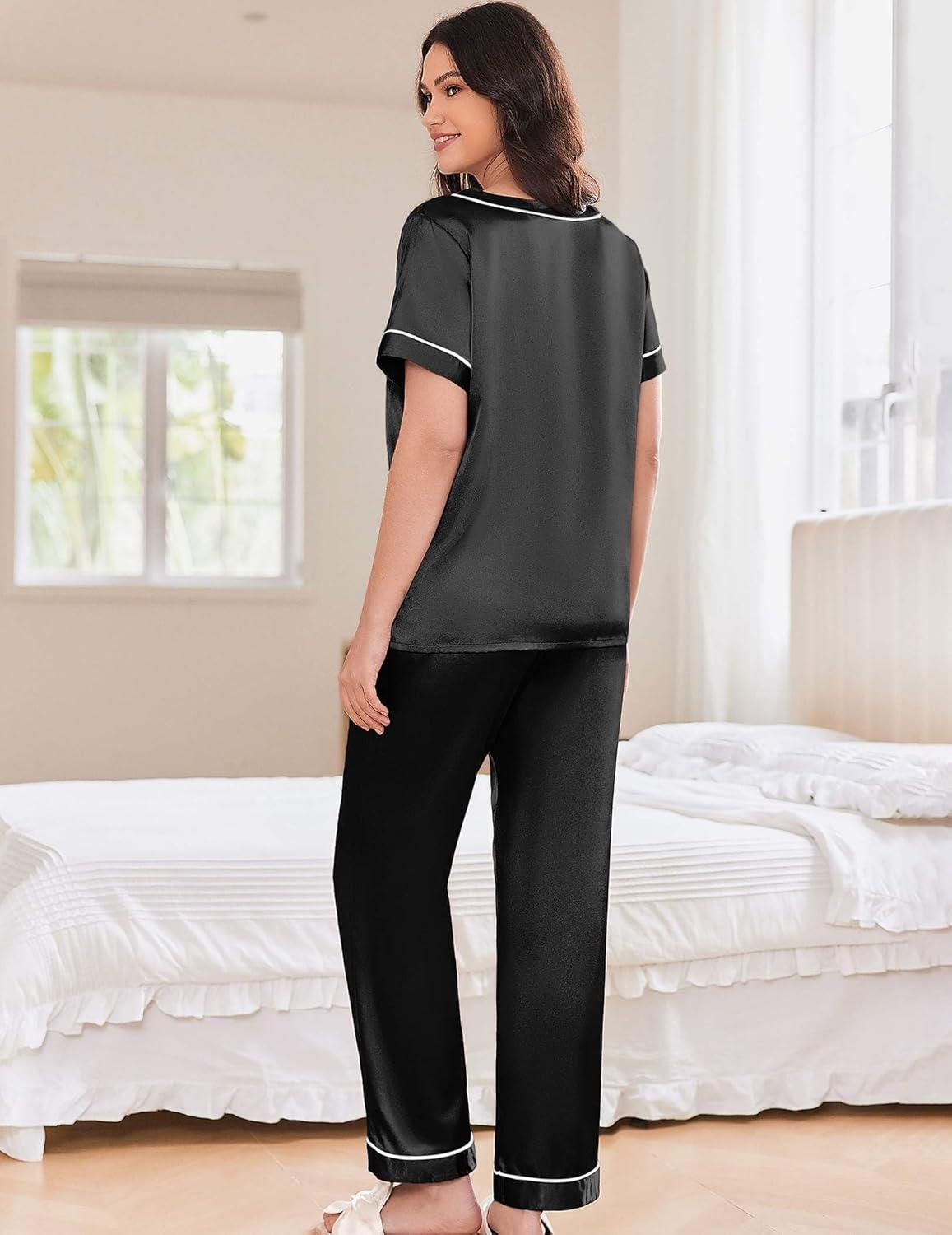 imageEkouaer Satin Pajamas for Women Short Sleeve Silk Pajama Sets Soft Sleepwear Top with Causal Long Pj PantBlack