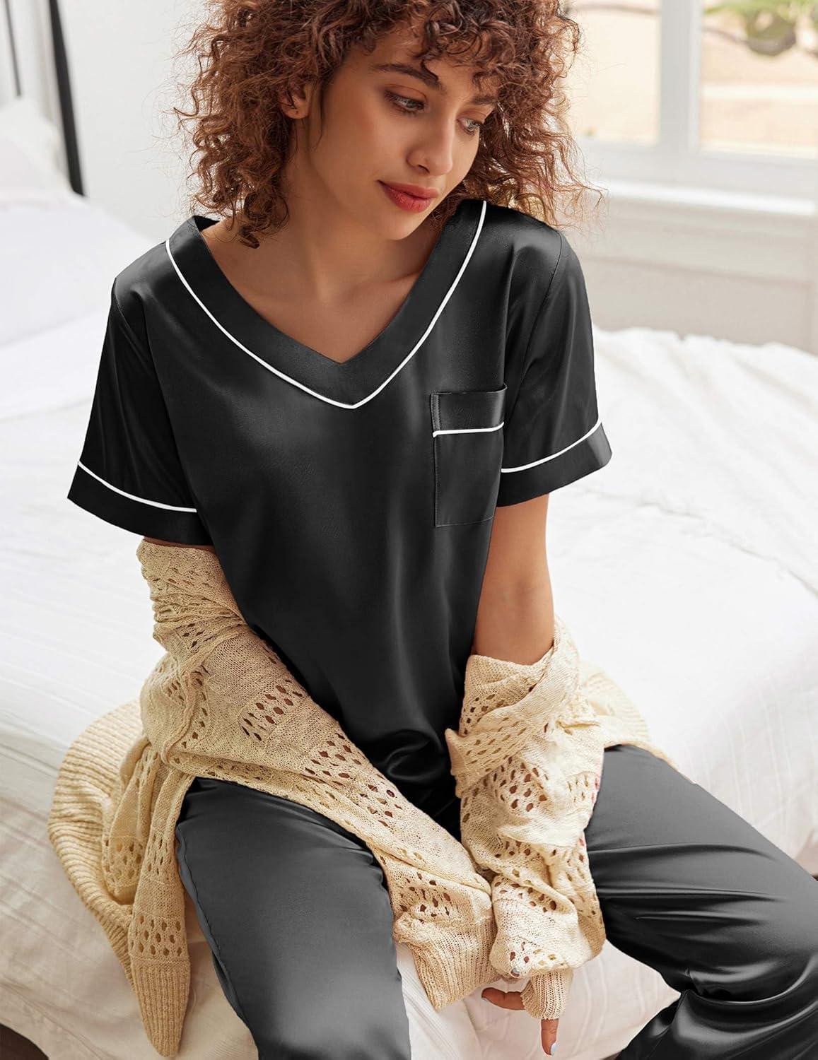 imageEkouaer Satin Pajamas for Women Short Sleeve Silk Pajama Sets Soft Sleepwear Top with Causal Long Pj PantBlack