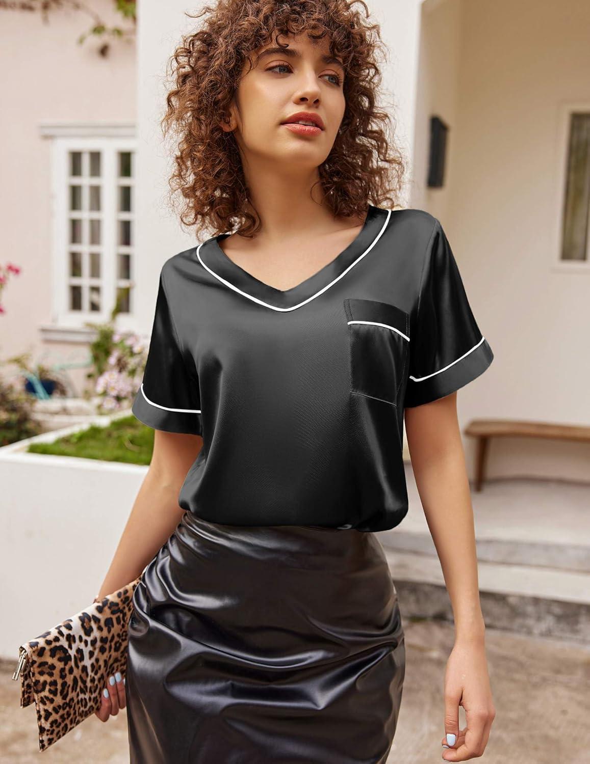 imageEkouaer Satin Pajamas for Women Short Sleeve Silk Pajama Sets Soft Sleepwear Top with Causal Long Pj PantBlack