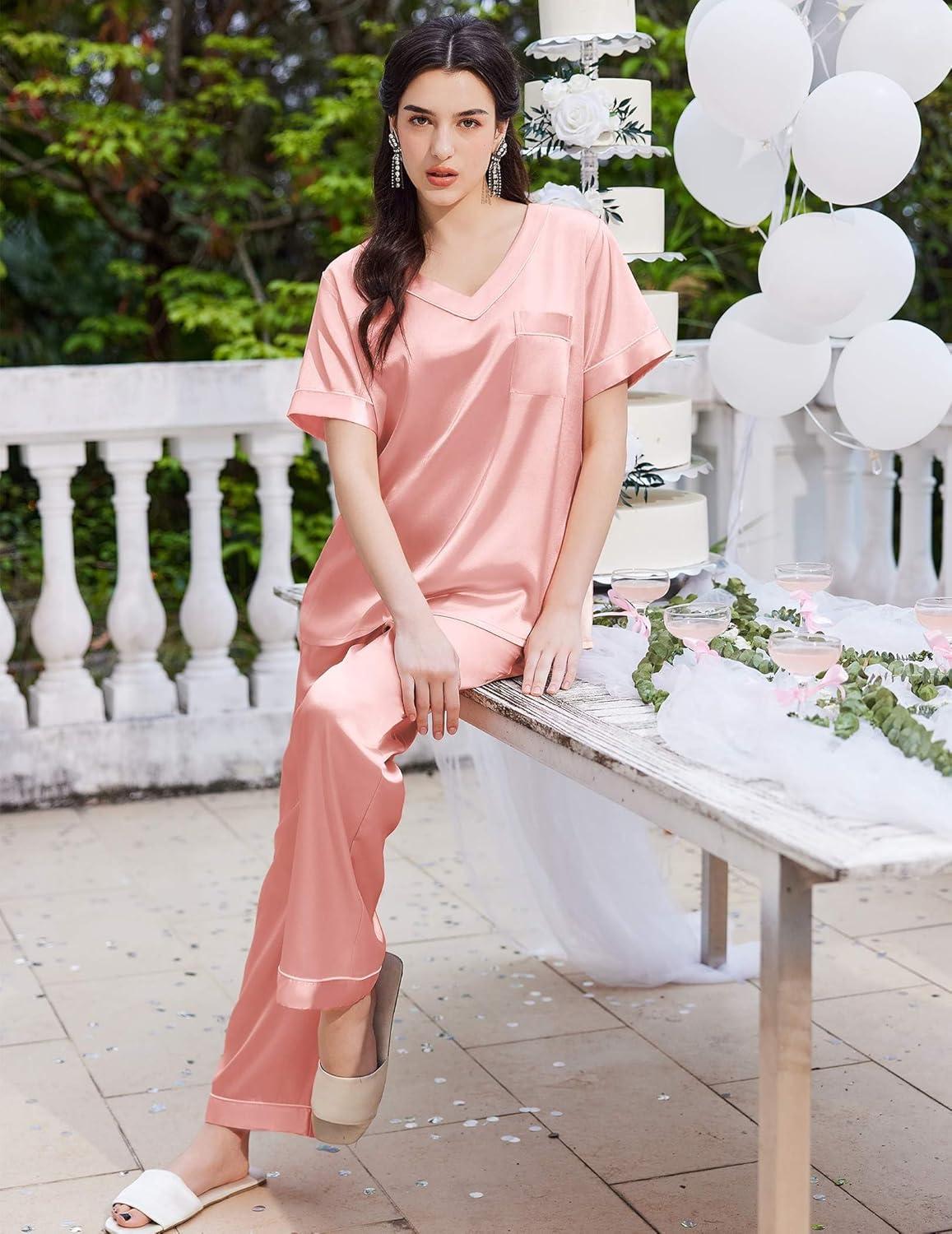 imageEkouaer Satin Pajamas for Women Short Sleeve Silk Pajama Sets Soft Sleepwear Top with Causal Long Pj PantDark Pink