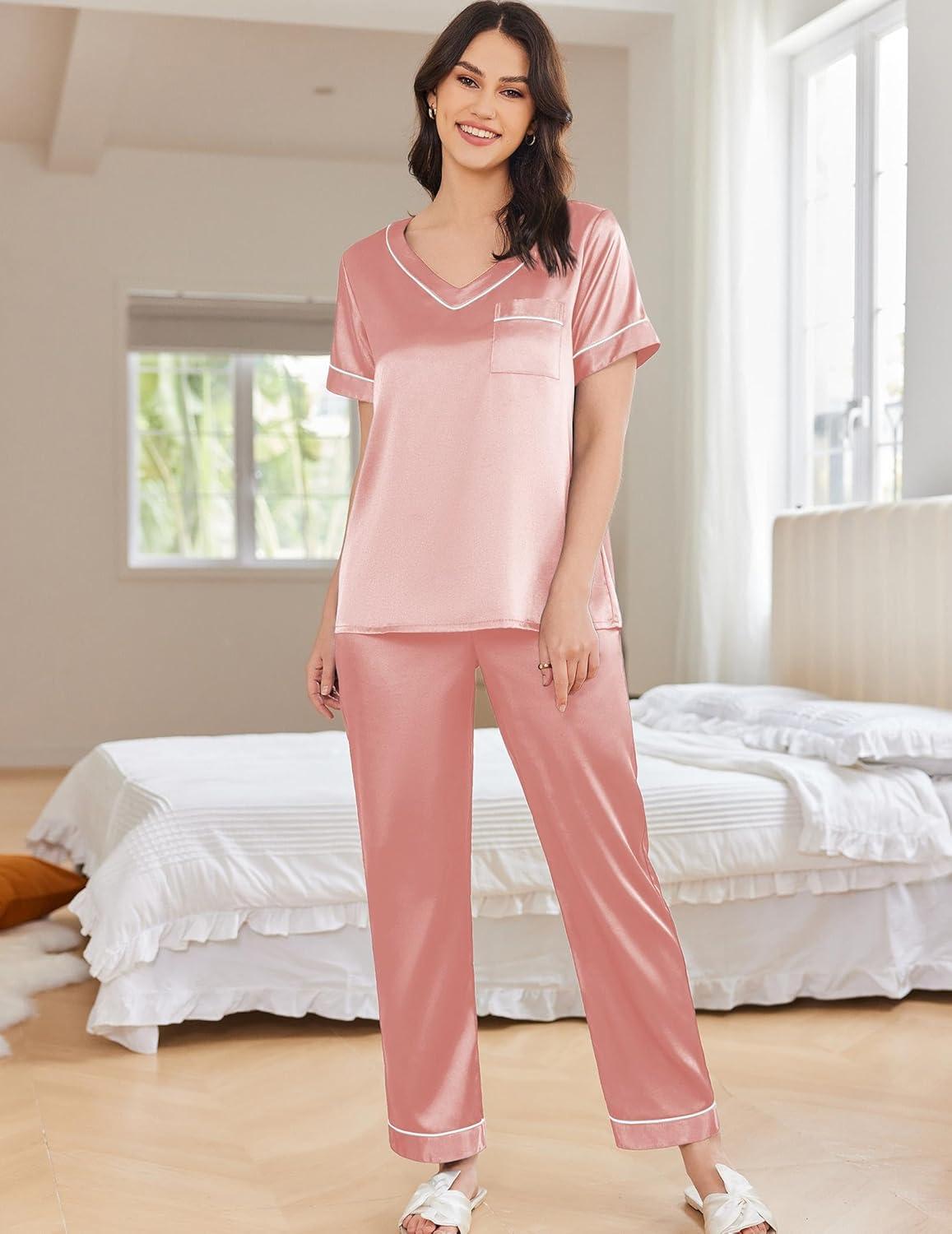 imageEkouaer Satin Pajamas for Women Short Sleeve Silk Pajama Sets Soft Sleepwear Top with Causal Long Pj PantDark Pink