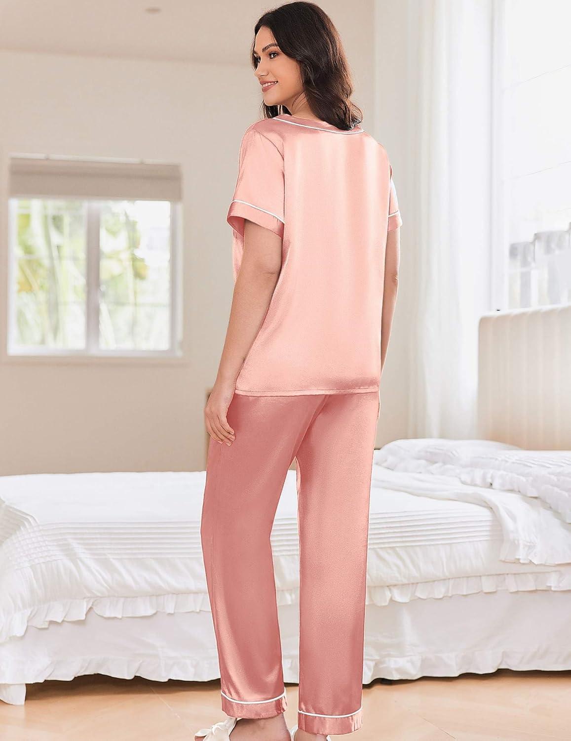 imageEkouaer Satin Pajamas for Women Short Sleeve Silk Pajama Sets Soft Sleepwear Top with Causal Long Pj PantDark Pink