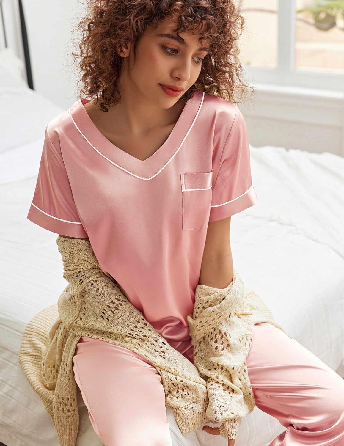 imageEkouaer Satin Pajamas for Women Short Sleeve Silk Pajama Sets Soft Sleepwear Top with Causal Long Pj PantDark Pink