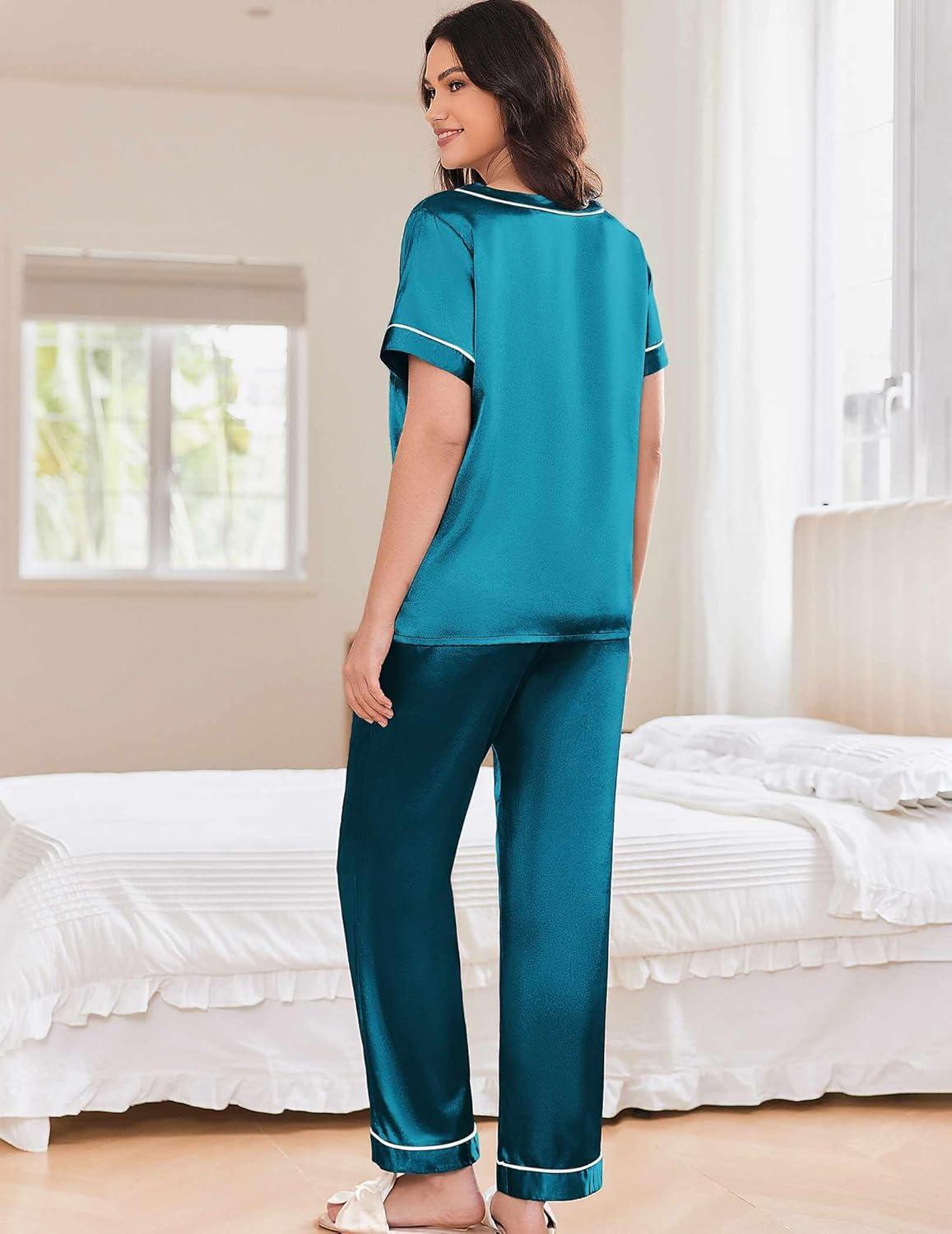 imageEkouaer Satin Pajamas for Women Short Sleeve Silk Pajama Sets Soft Sleepwear Top with Causal Long Pj PantGreen