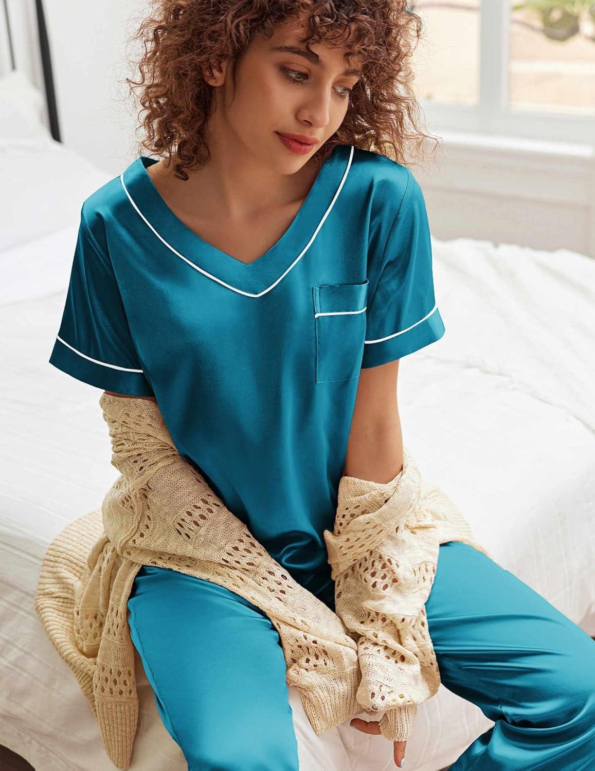 imageEkouaer Satin Pajamas for Women Short Sleeve Silk Pajama Sets Soft Sleepwear Top with Causal Long Pj PantGreen