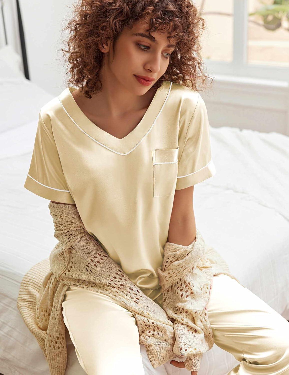 imageEkouaer Satin Pajamas for Women Short Sleeve Silk Pajama Sets Soft Sleepwear Top with Causal Long Pj PantLight Coffee
