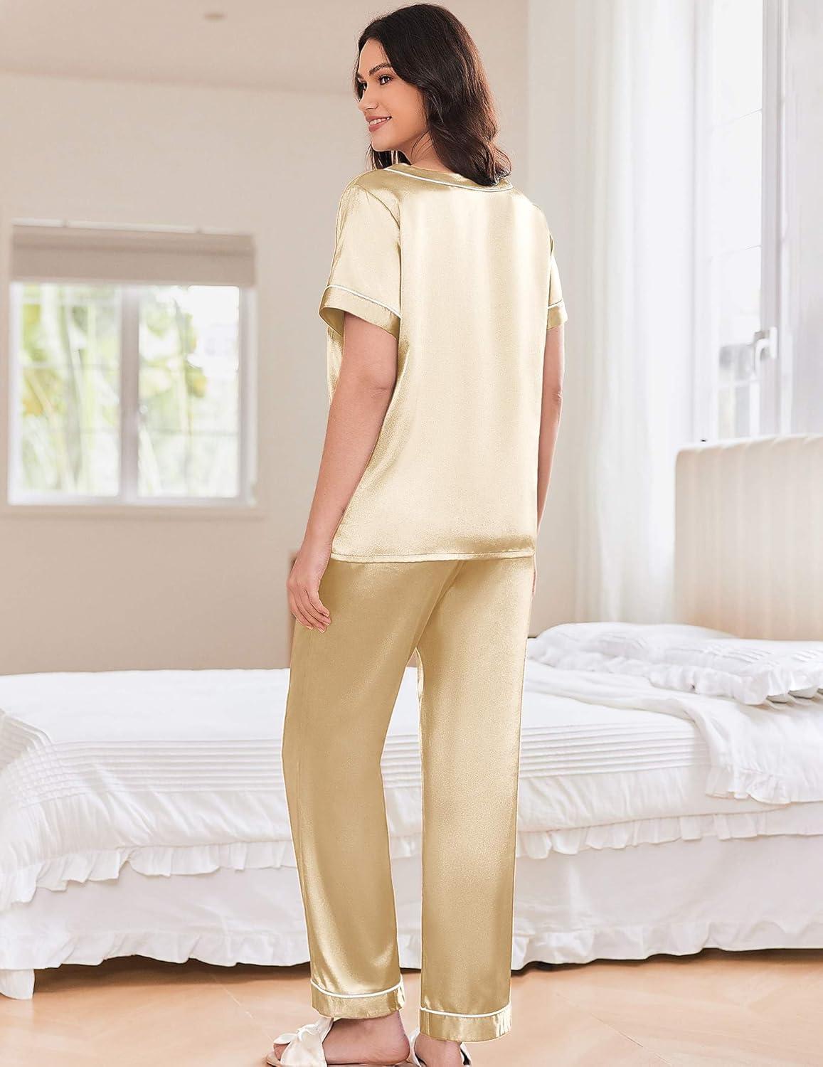 imageEkouaer Satin Pajamas for Women Short Sleeve Silk Pajama Sets Soft Sleepwear Top with Causal Long Pj PantLight Coffee