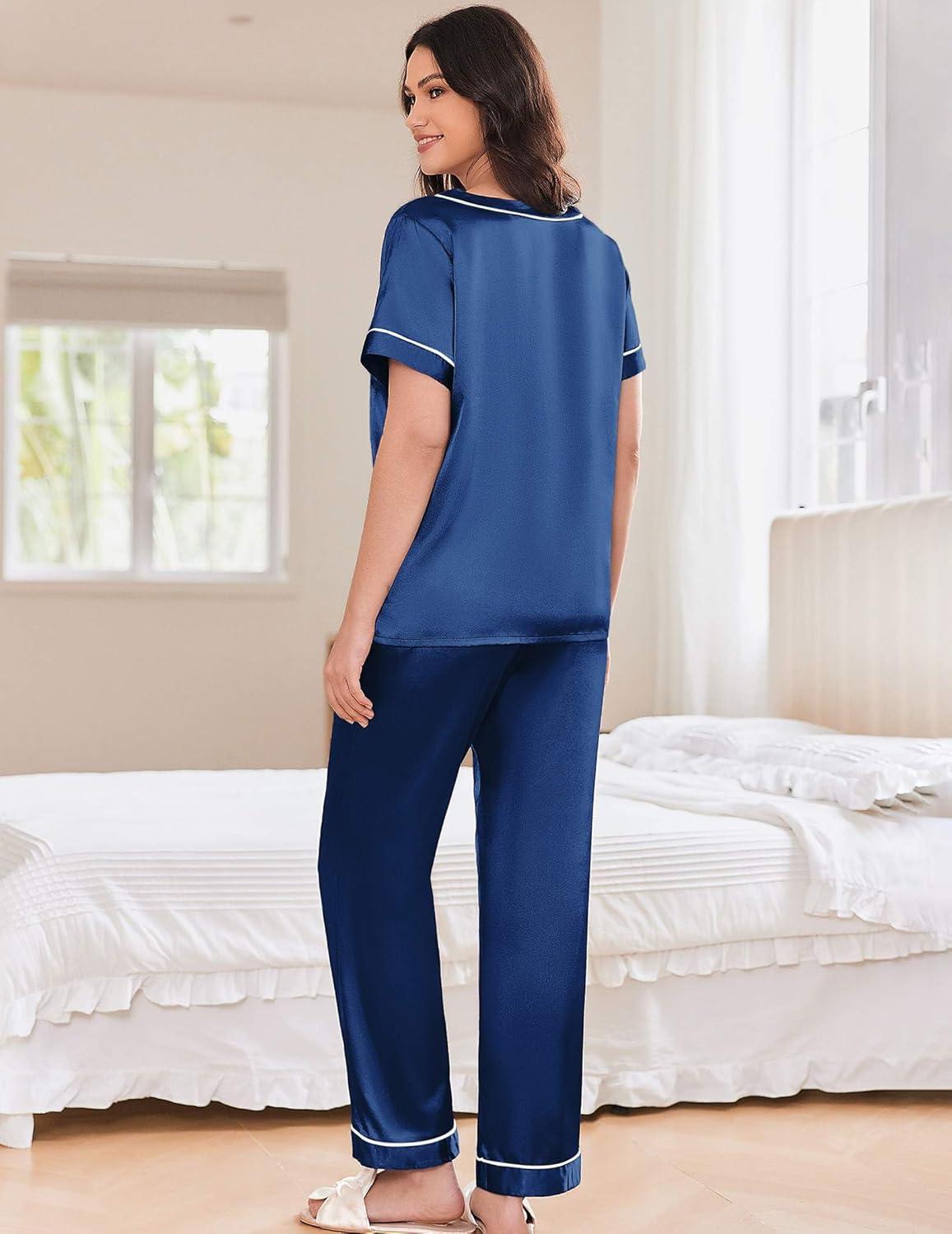 imageEkouaer Satin Pajamas for Women Short Sleeve Silk Pajama Sets Soft Sleepwear Top with Causal Long Pj PantNavy Blue