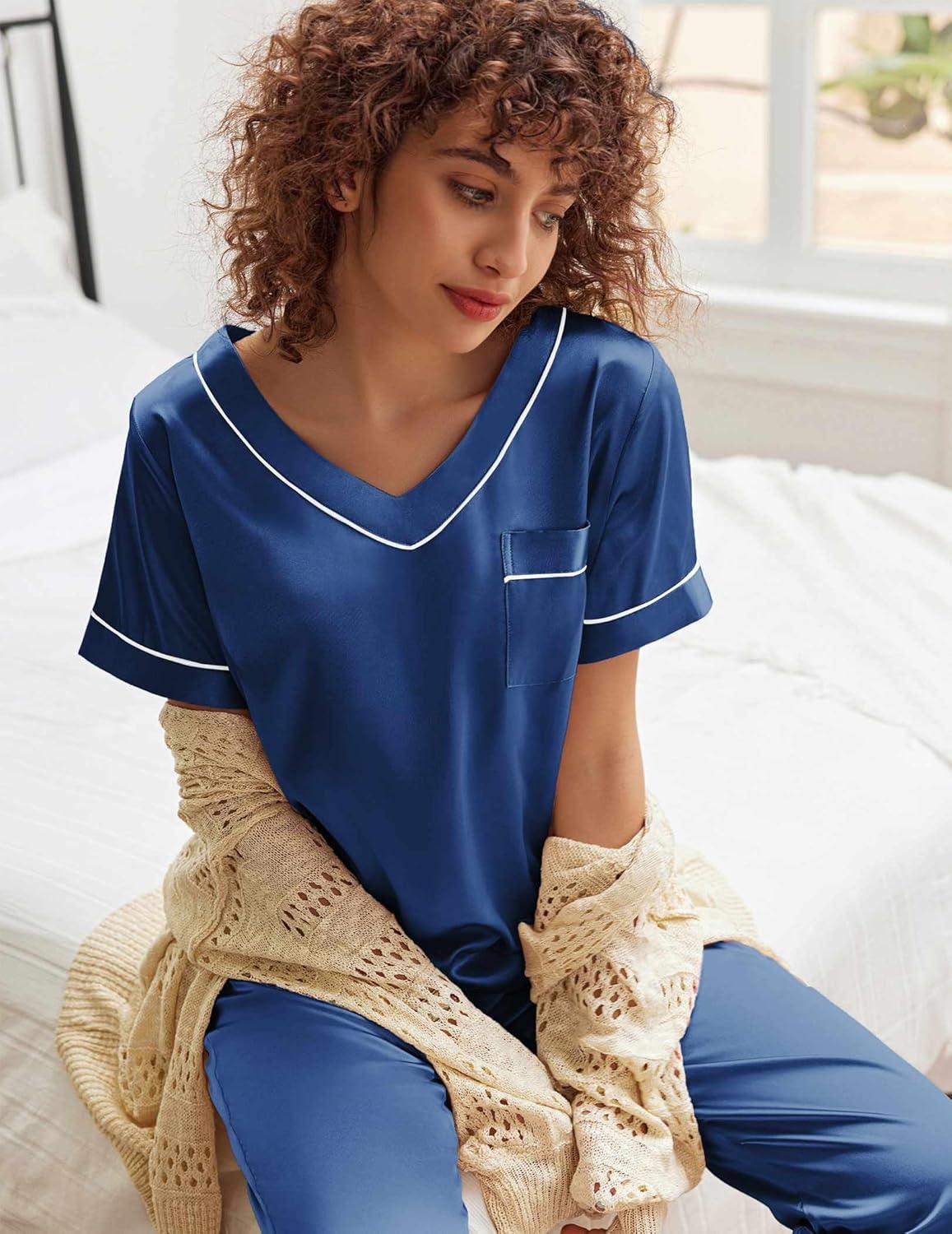imageEkouaer Satin Pajamas for Women Short Sleeve Silk Pajama Sets Soft Sleepwear Top with Causal Long Pj PantNavy Blue