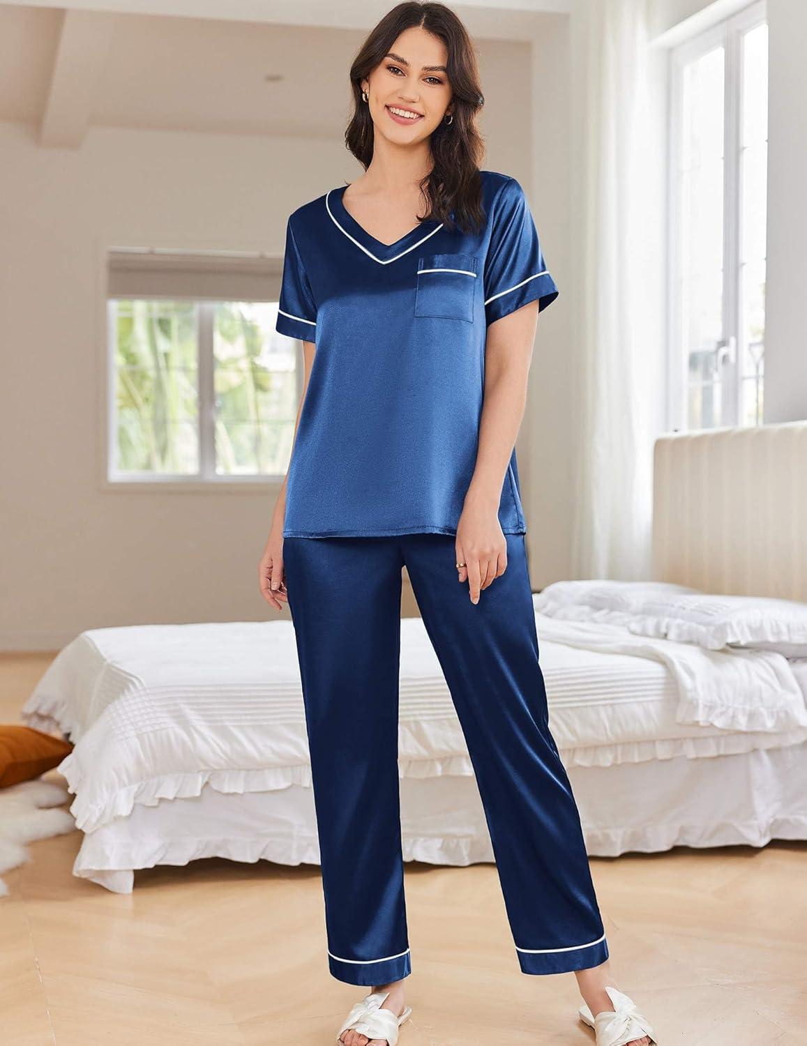 imageEkouaer Satin Pajamas for Women Short Sleeve Silk Pajama Sets Soft Sleepwear Top with Causal Long Pj PantNavy Blue