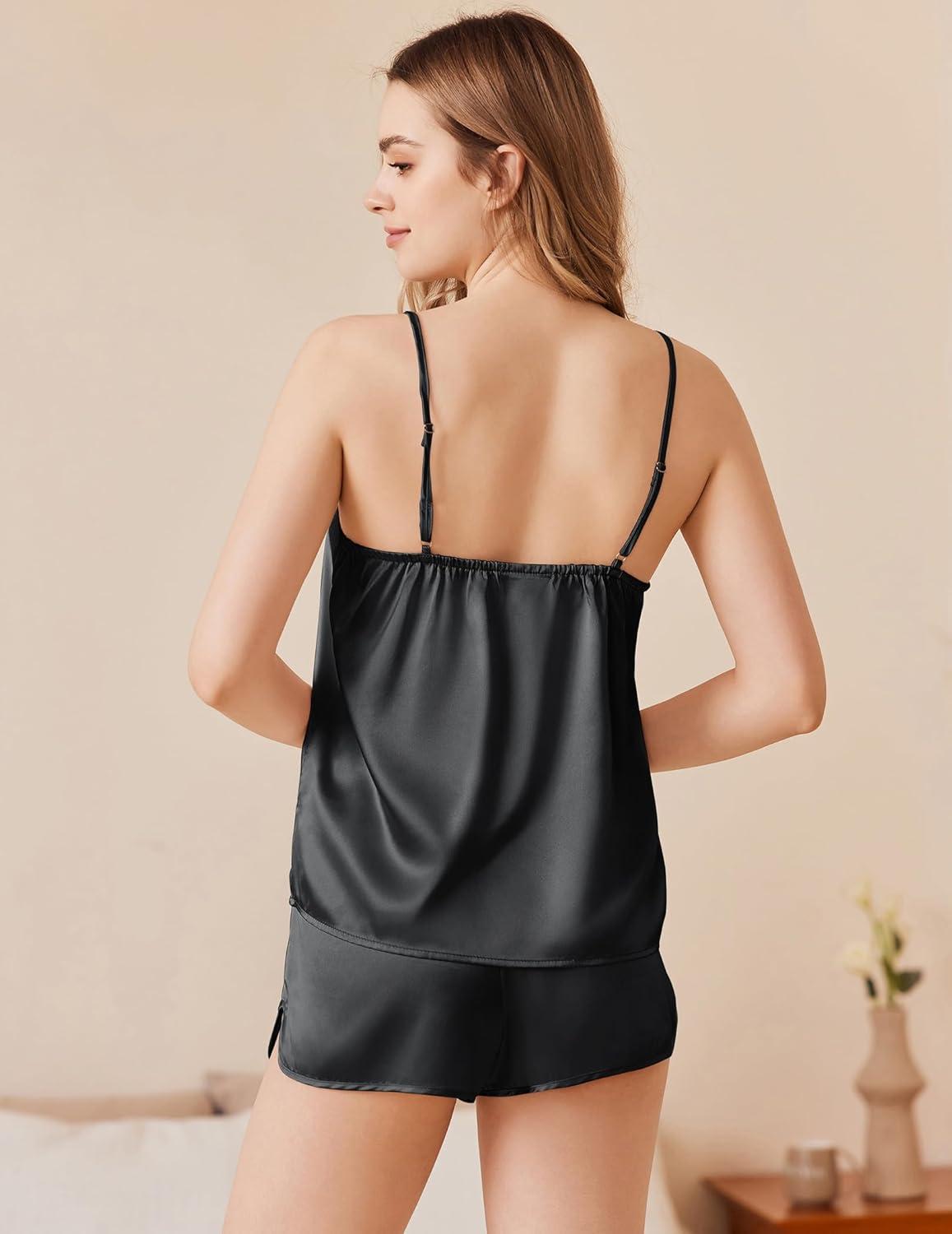 imageEkouaer Silk Pajamas Set for Women Satin Camisole Sleepwear Lingerie VNeck Cami Top and Shorts PjsBlack
