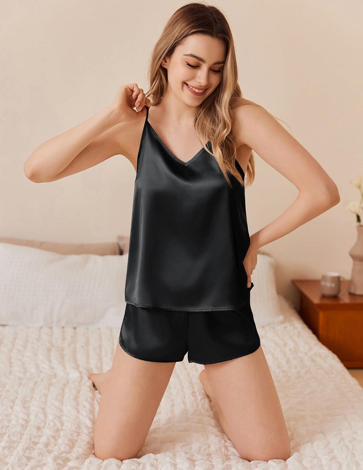 imageEkouaer Silk Pajamas Set for Women Satin Camisole Sleepwear Lingerie VNeck Cami Top and Shorts PjsBlack