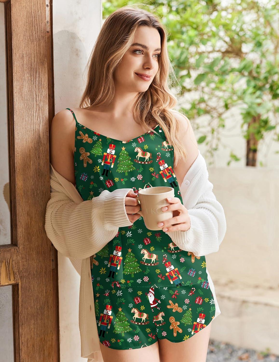 imageEkouaer Silk Pajamas Set for Women Satin Camisole Sleepwear Lingerie VNeck Cami Top and Shorts PjsChristmas Elf Soldiers