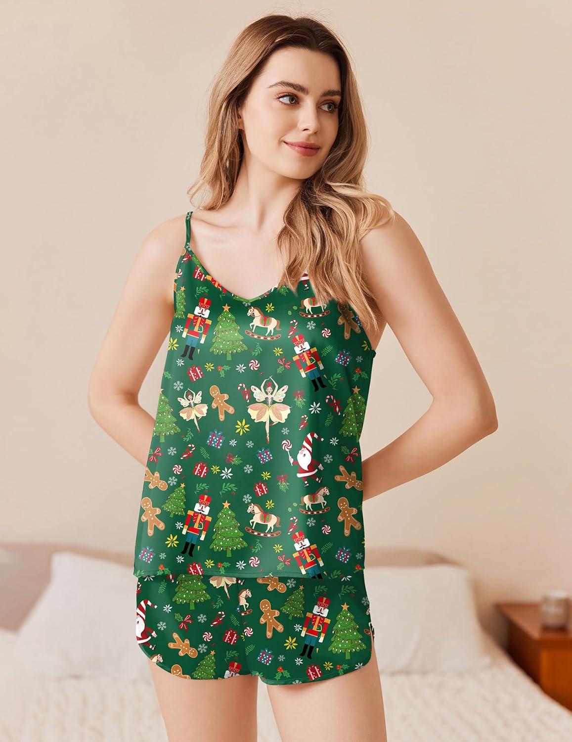 imageEkouaer Silk Pajamas Set for Women Satin Camisole Sleepwear Lingerie VNeck Cami Top and Shorts PjsChristmas Elf Soldiers
