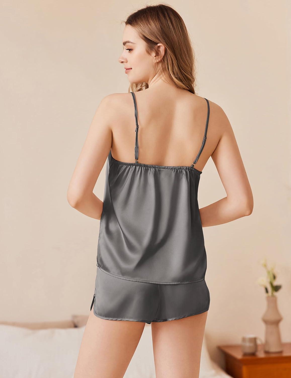 imageEkouaer Silk Pajamas Set for Women Satin Camisole Sleepwear Lingerie VNeck Cami Top and Shorts PjsGrey