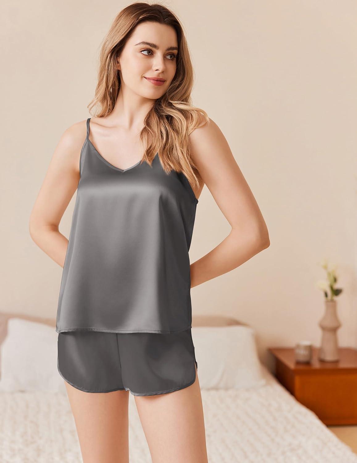 imageEkouaer Silk Pajamas Set for Women Satin Camisole Sleepwear Lingerie VNeck Cami Top and Shorts PjsGrey