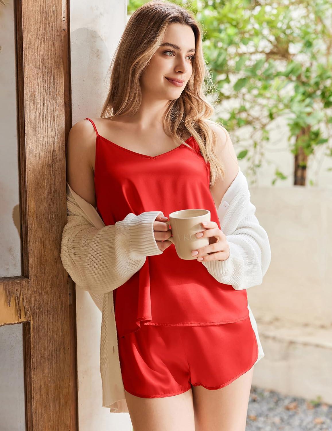 imageEkouaer Silk Pajamas Set for Women Satin Camisole Sleepwear Lingerie VNeck Cami Top and Shorts PjsRed