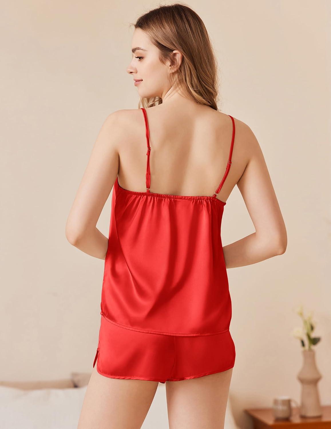 imageEkouaer Silk Pajamas Set for Women Satin Camisole Sleepwear Lingerie VNeck Cami Top and Shorts PjsRed