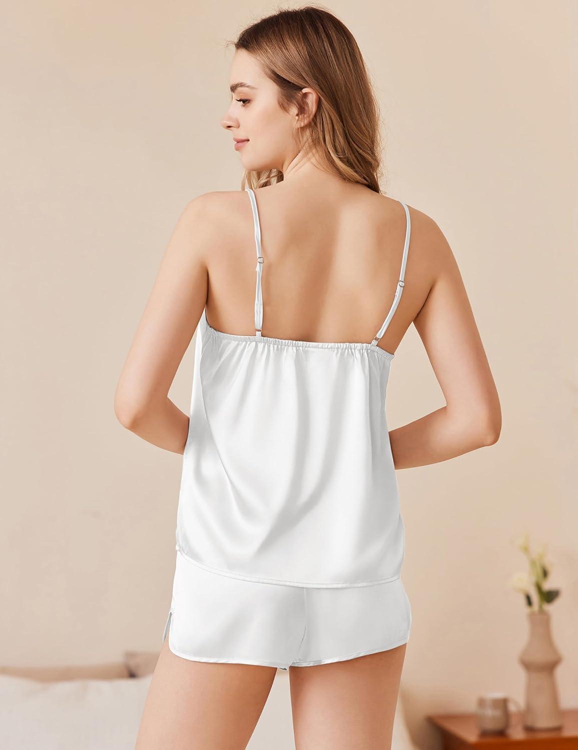 imageEkouaer Silk Pajamas Set for Women Satin Camisole Sleepwear Lingerie VNeck Cami Top and Shorts PjsWhite