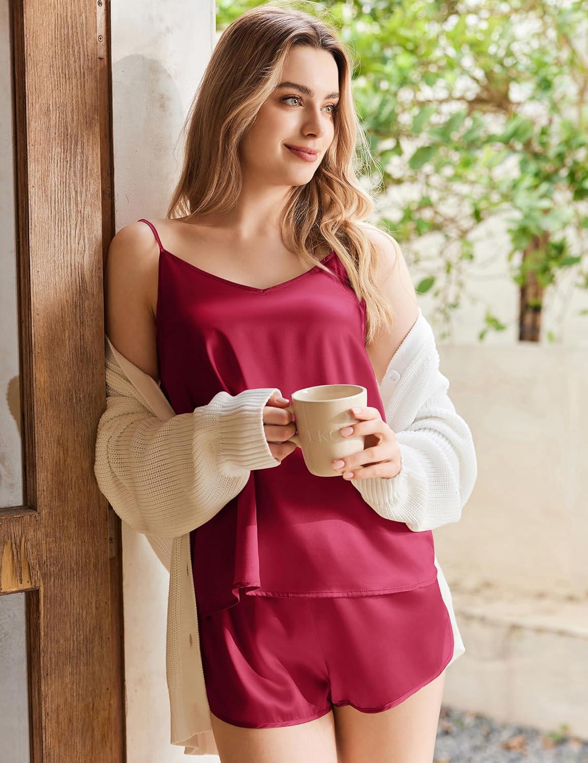 imageEkouaer Silk Pajamas Set for Women Satin Camisole Sleepwear Lingerie VNeck Cami Top and Shorts PjsWine Red