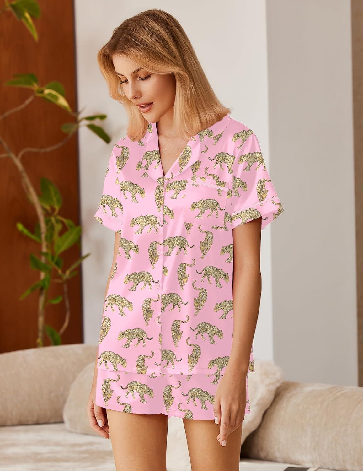imageEkouaer Silk Satin Pajamas 2 Piece Pajamas for Women Set Button Down PJ Short Sleeve and Shorts Pjs Lounge Sets2pink With Cheetah