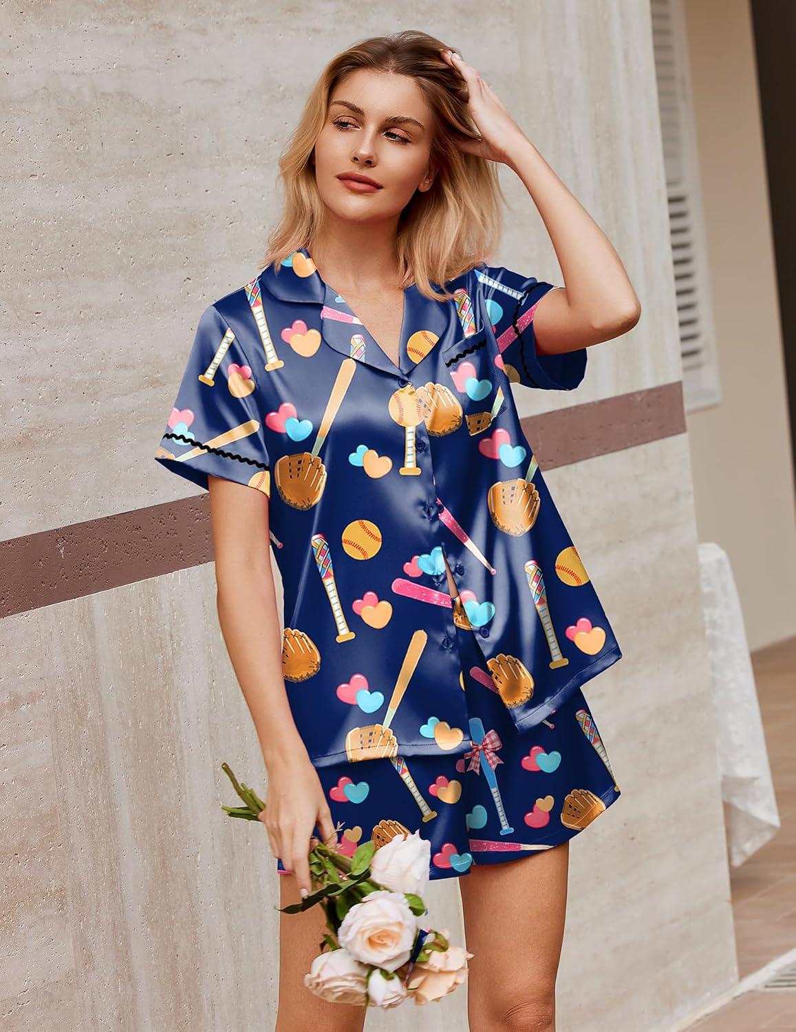 imageEkouaer Silk Satin Pajamas 2 Piece Pajamas for Women Set Button Down PJ Short Sleeve and Shorts Pjs Lounge SetsBat Dark Blue