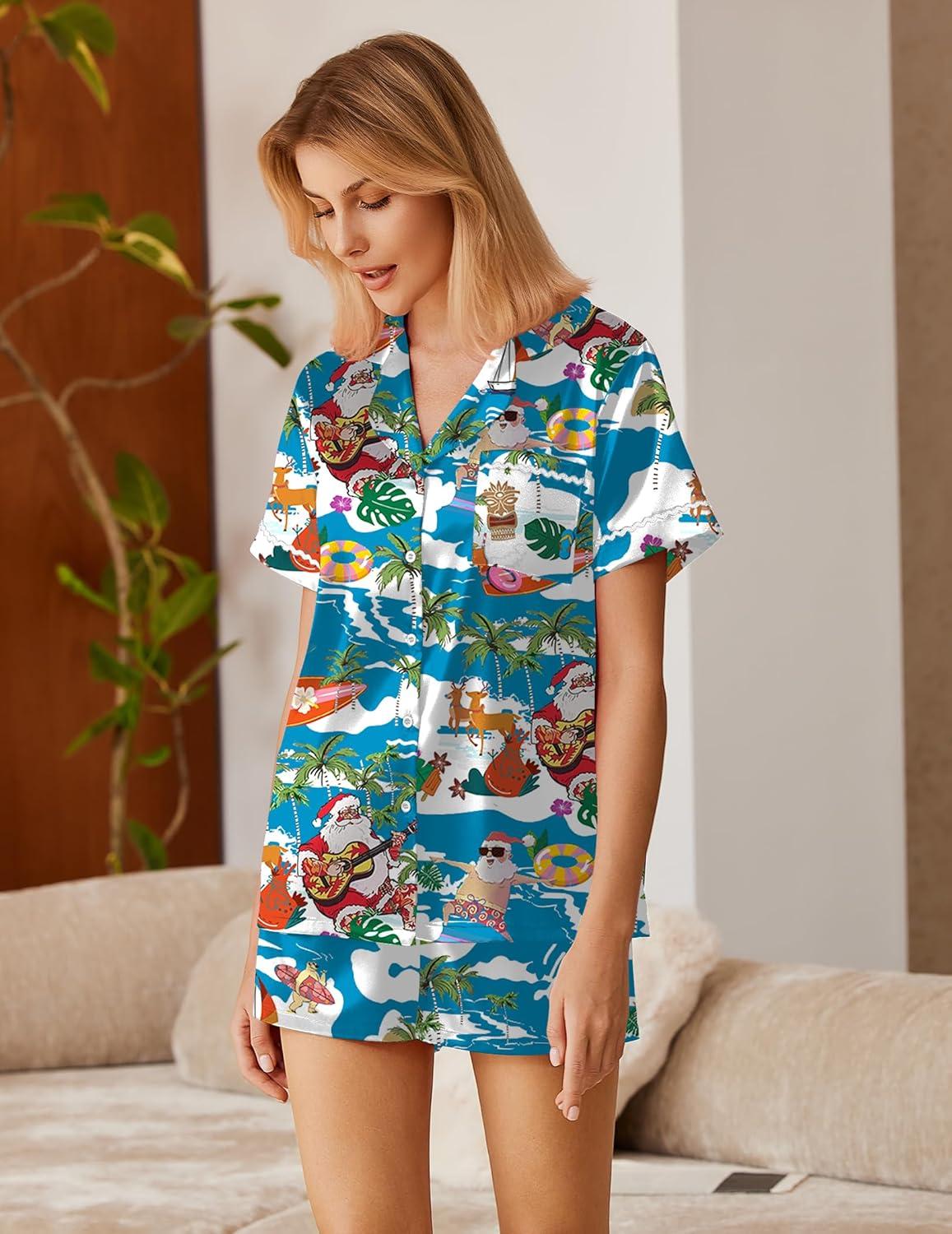 imageEkouaer Silk Satin Pajamas 2 Piece Pajamas for Women Set Button Down PJ Short Sleeve and Shorts Pjs Lounge SetsBluesanta Claus on Vacation