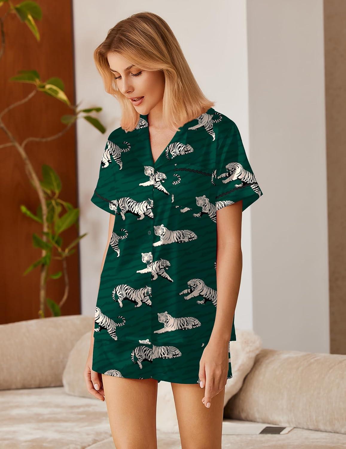 imageEkouaer Silk Satin Pajamas 2 Piece Pajamas for Women Set Button Down PJ Short Sleeve and Shorts Pjs Lounge SetsGrenn Tiger