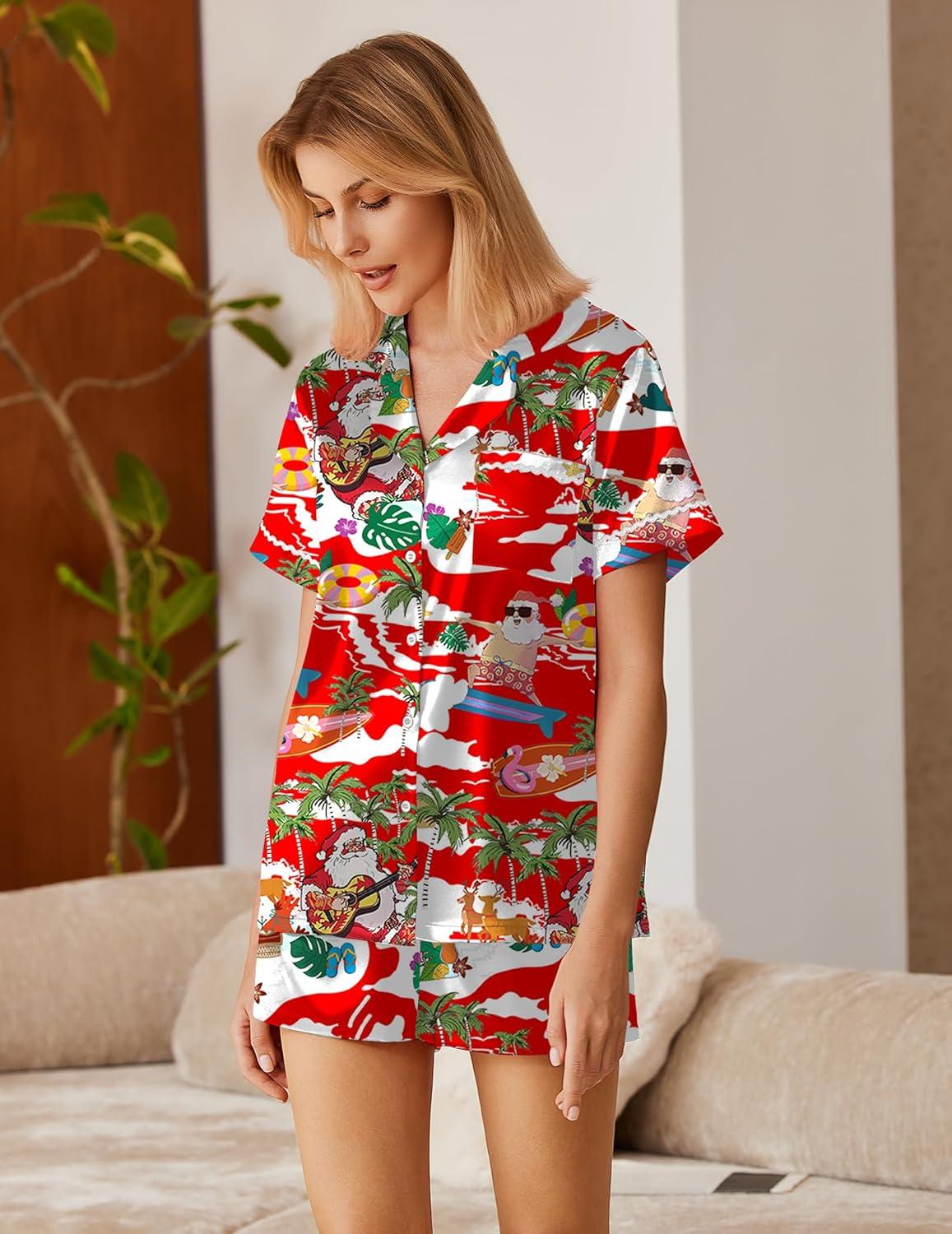 imageEkouaer Silk Satin Pajamas 2 Piece Pajamas for Women Set Button Down PJ Short Sleeve and Shorts Pjs Lounge SetsRedsanta Claus on Vacation