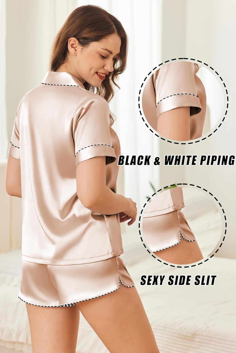 imageEkouaer Silk Satin Pajamas Set Short Sleeve Pj Sets Black amp White Contrast Piping Pjs Button Down Lounge Sets 2 PieceChampagne