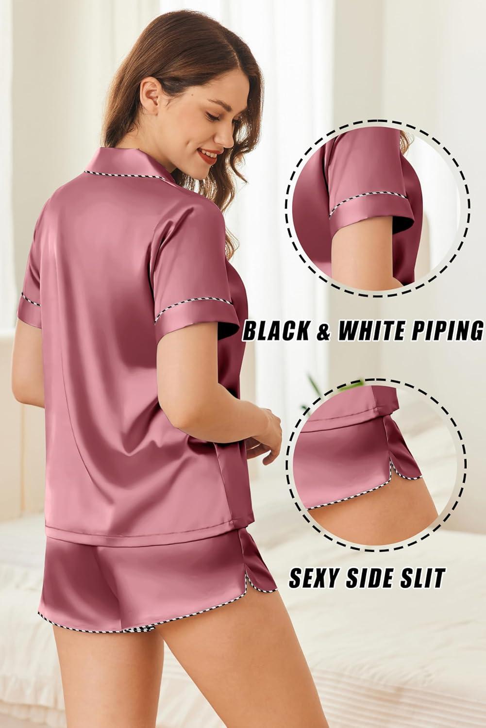 imageEkouaer Silk Satin Pajamas Set Short Sleeve Pj Sets Black amp White Contrast Piping Pjs Button Down Lounge Sets 2 PieceDark Pink