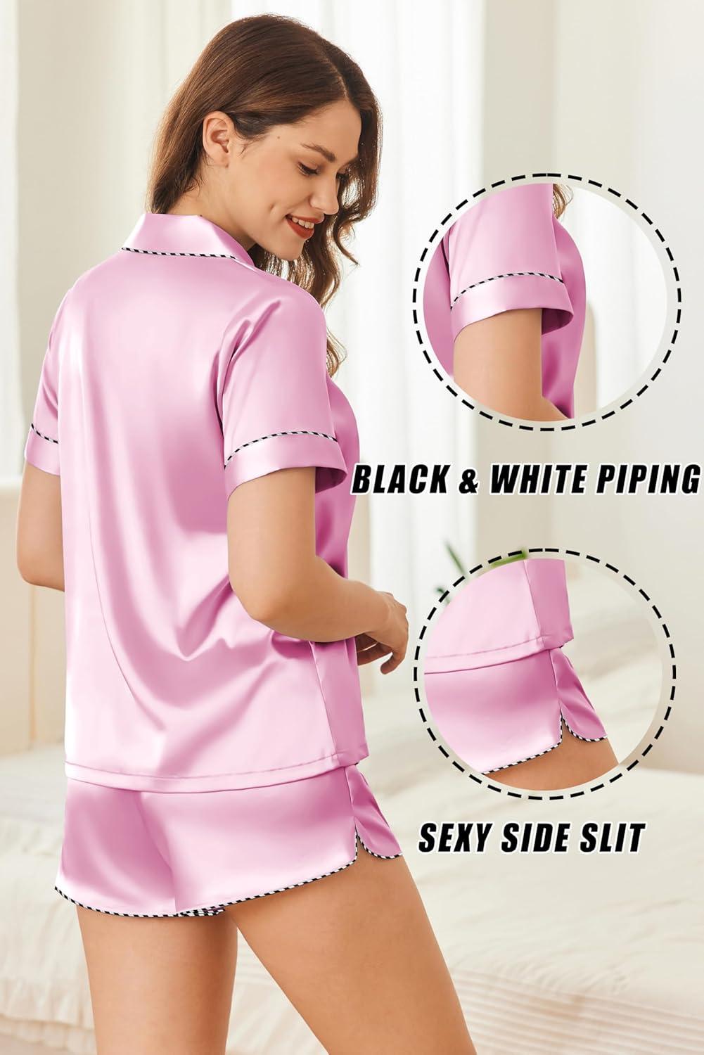 imageEkouaer Silk Satin Pajamas Set Short Sleeve Pj Sets Black amp White Contrast Piping Pjs Button Down Lounge Sets 2 PieceLight Rose