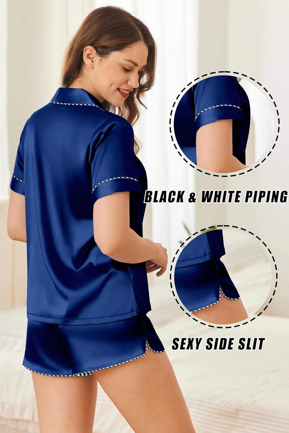 imageEkouaer Silk Satin Pajamas Set Short Sleeve Pj Sets Black amp White Contrast Piping Pjs Button Down Lounge Sets 2 PieceNavy Blue
