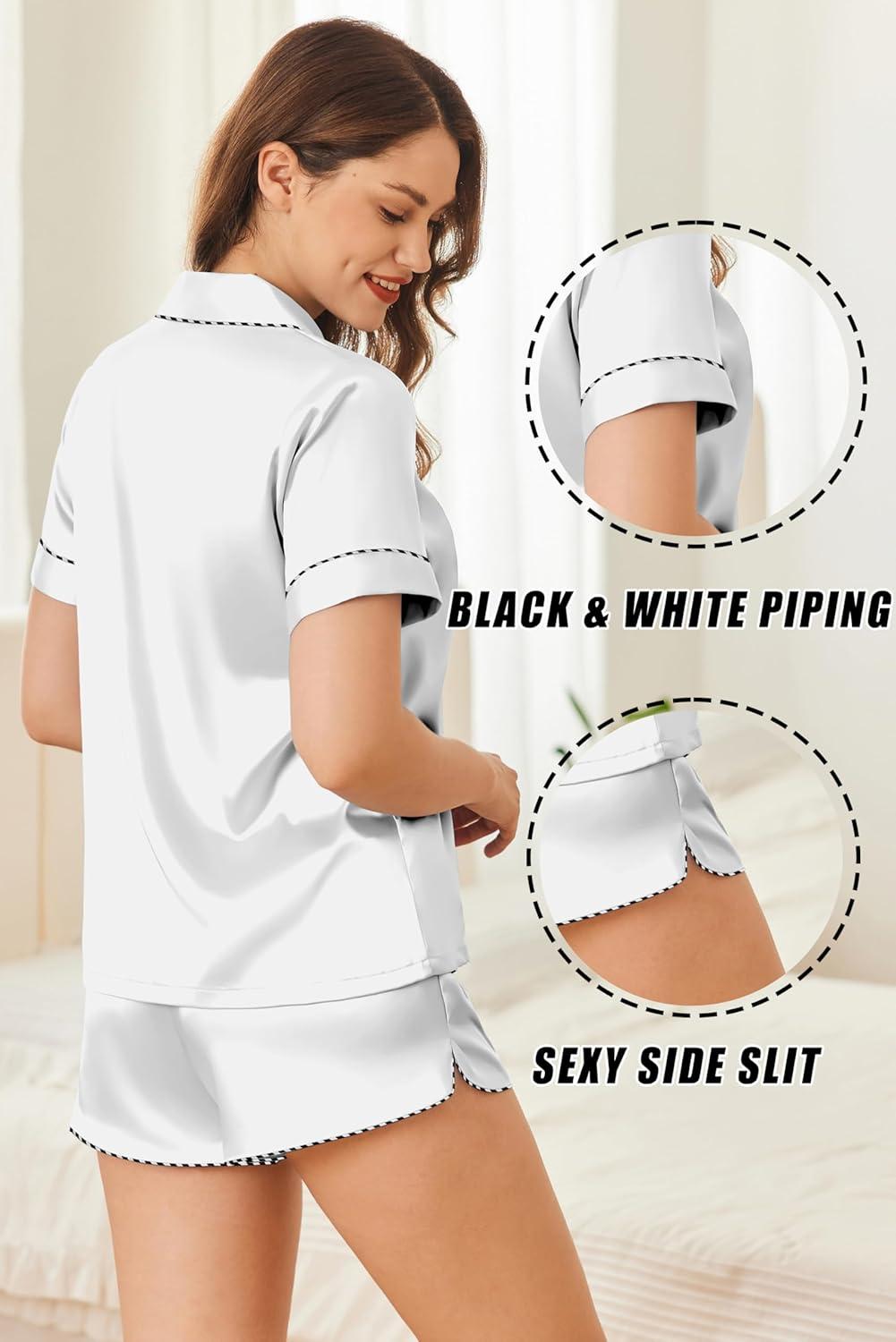 imageEkouaer Silk Satin Pajamas Set Short Sleeve Pj Sets Black amp White Contrast Piping Pjs Button Down Lounge Sets 2 PieceWhite