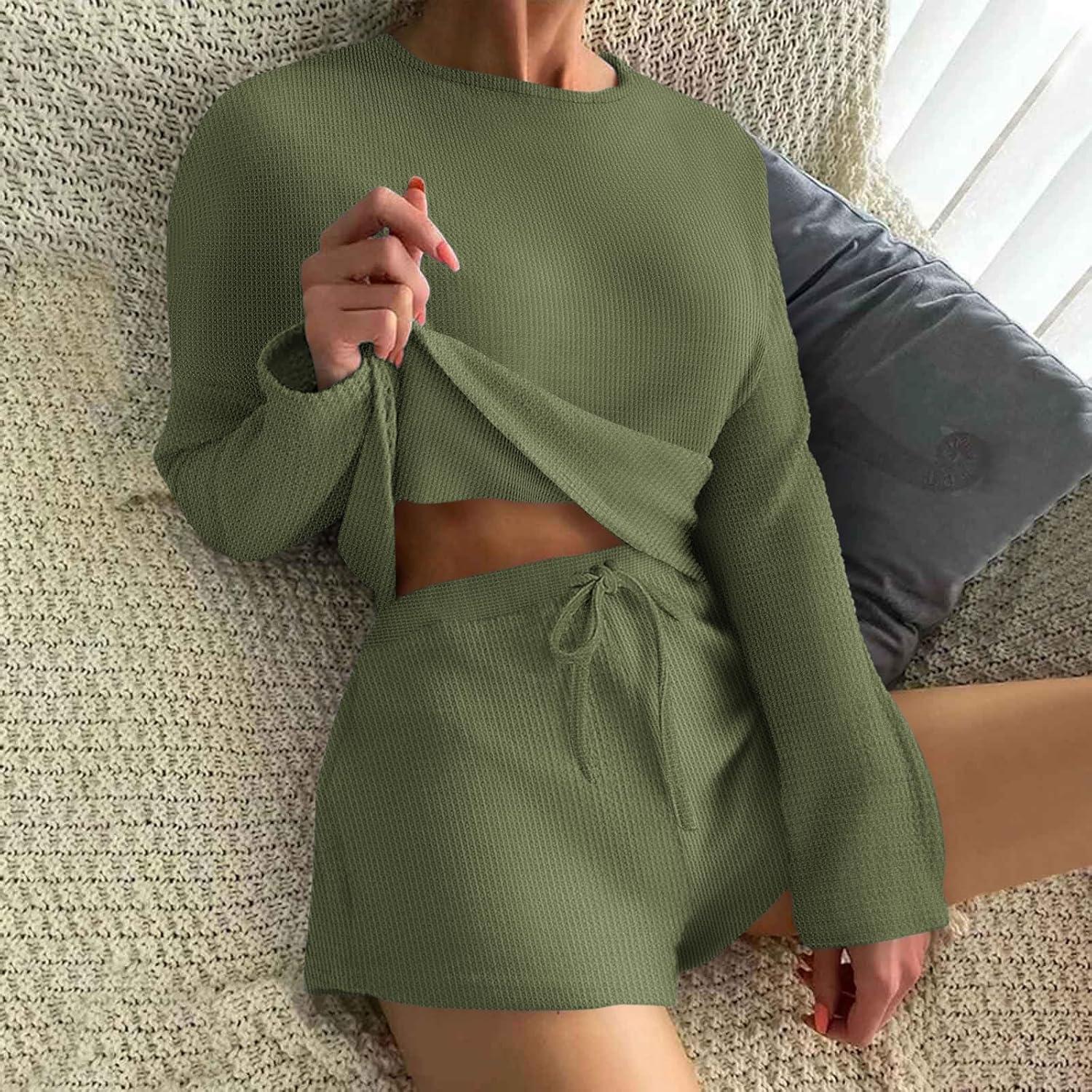 imageEkouaer Waffle Knit Pajama Sets for Women Solid Lounge Sets Long Sleeve Top and Shorts Pjs SXXLGreen