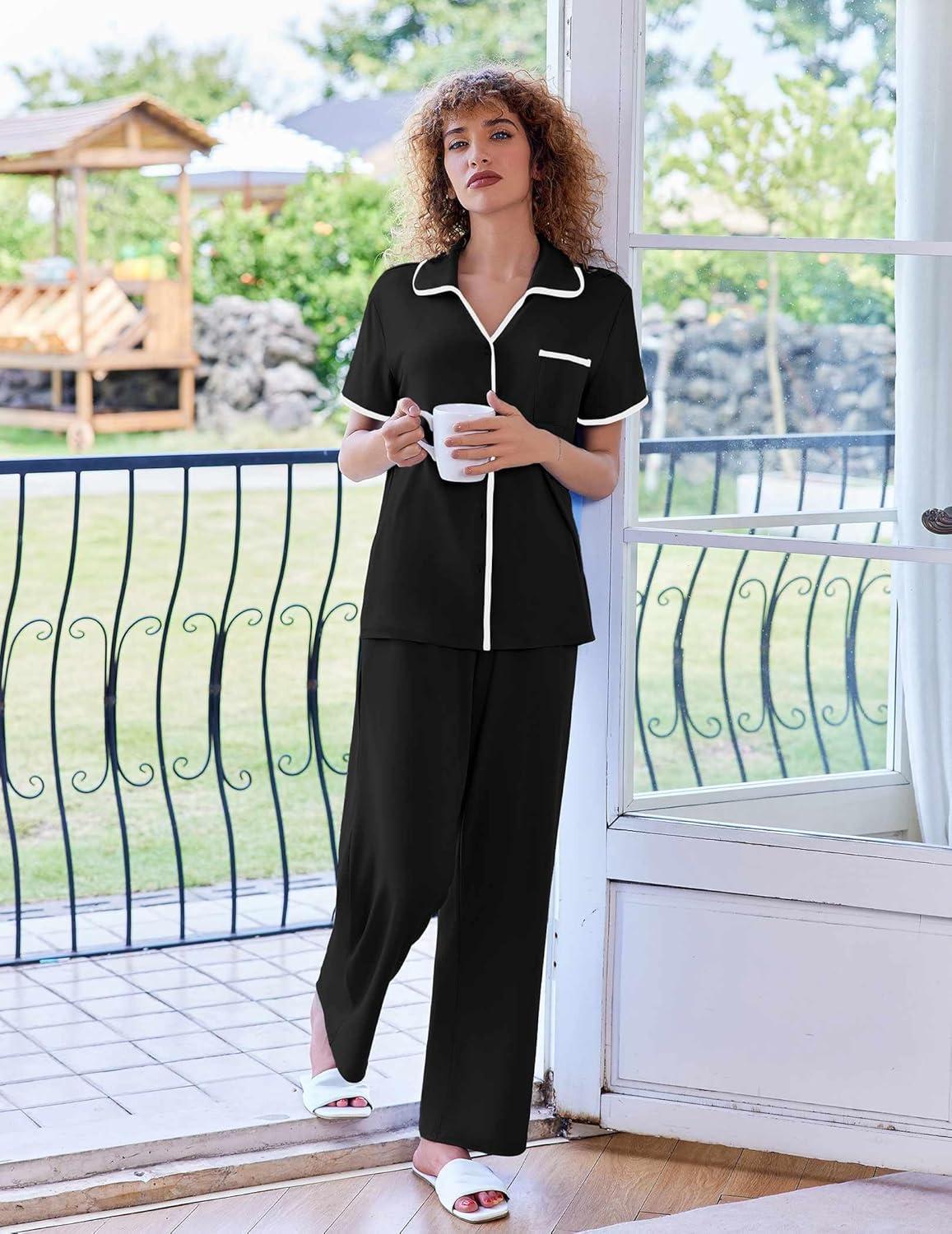 imageEkouaer Women Pajamas Button Down Notch Collar Soft Short Sleeve Pjs with Long Pant Lounge SetBlack