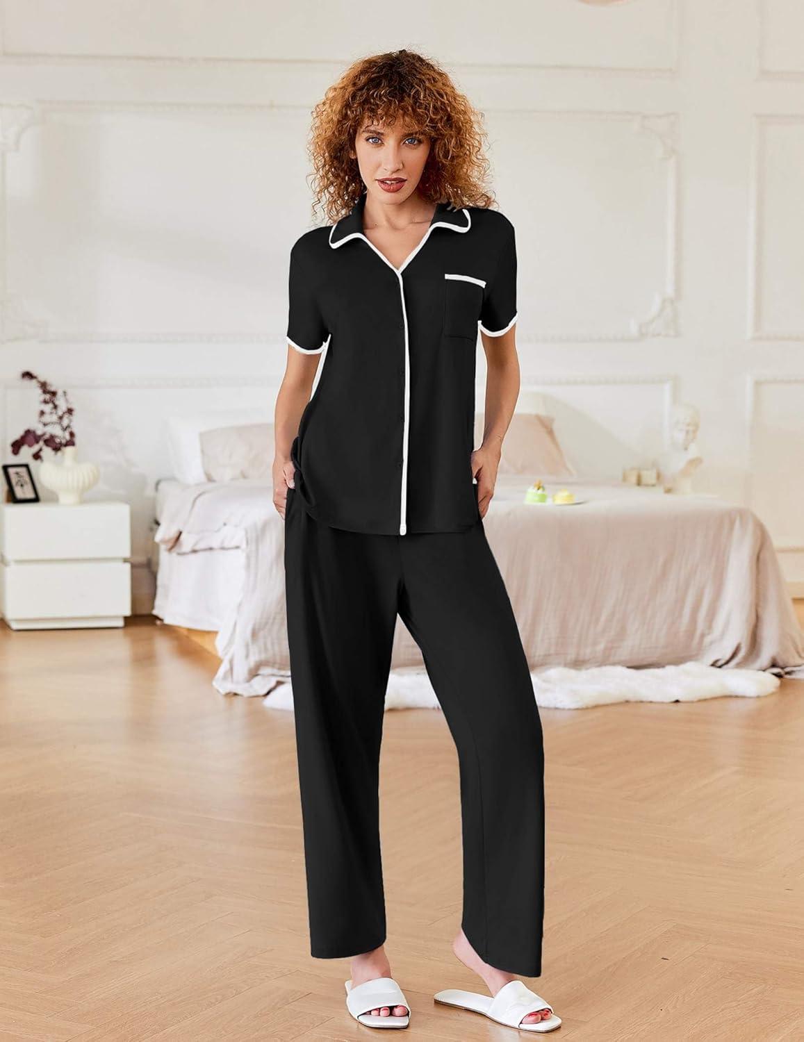 imageEkouaer Women Pajamas Button Down Notch Collar Soft Short Sleeve Pjs with Long Pant Lounge SetBlack