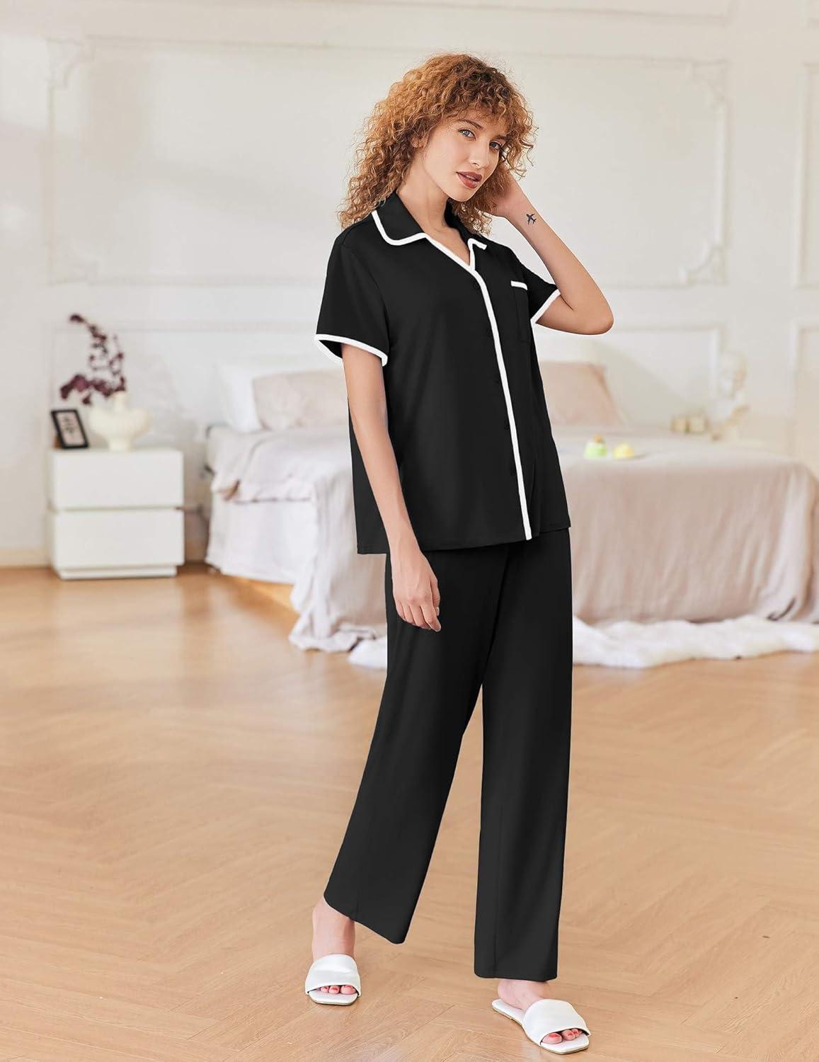 imageEkouaer Women Pajamas Button Down Notch Collar Soft Short Sleeve Pjs with Long Pant Lounge SetBlack