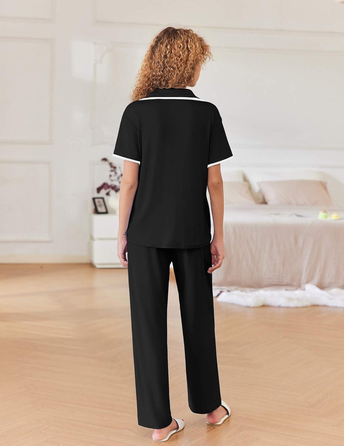 imageEkouaer Women Pajamas Button Down Notch Collar Soft Short Sleeve Pjs with Long Pant Lounge SetBlack