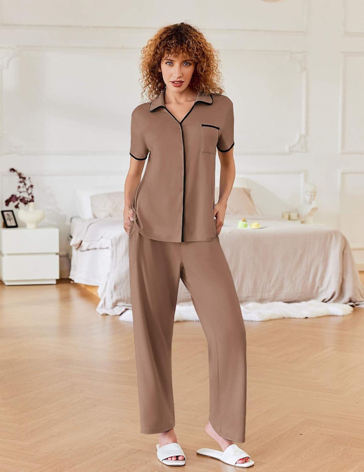 imageEkouaer Women Pajamas Button Down Notch Collar Soft Short Sleeve Pjs with Long Pant Lounge SetBrown