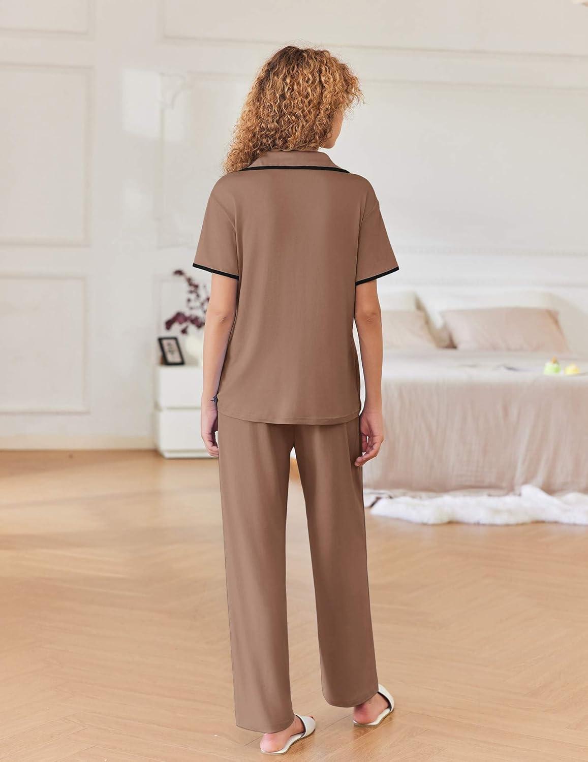 imageEkouaer Women Pajamas Button Down Notch Collar Soft Short Sleeve Pjs with Long Pant Lounge SetBrown