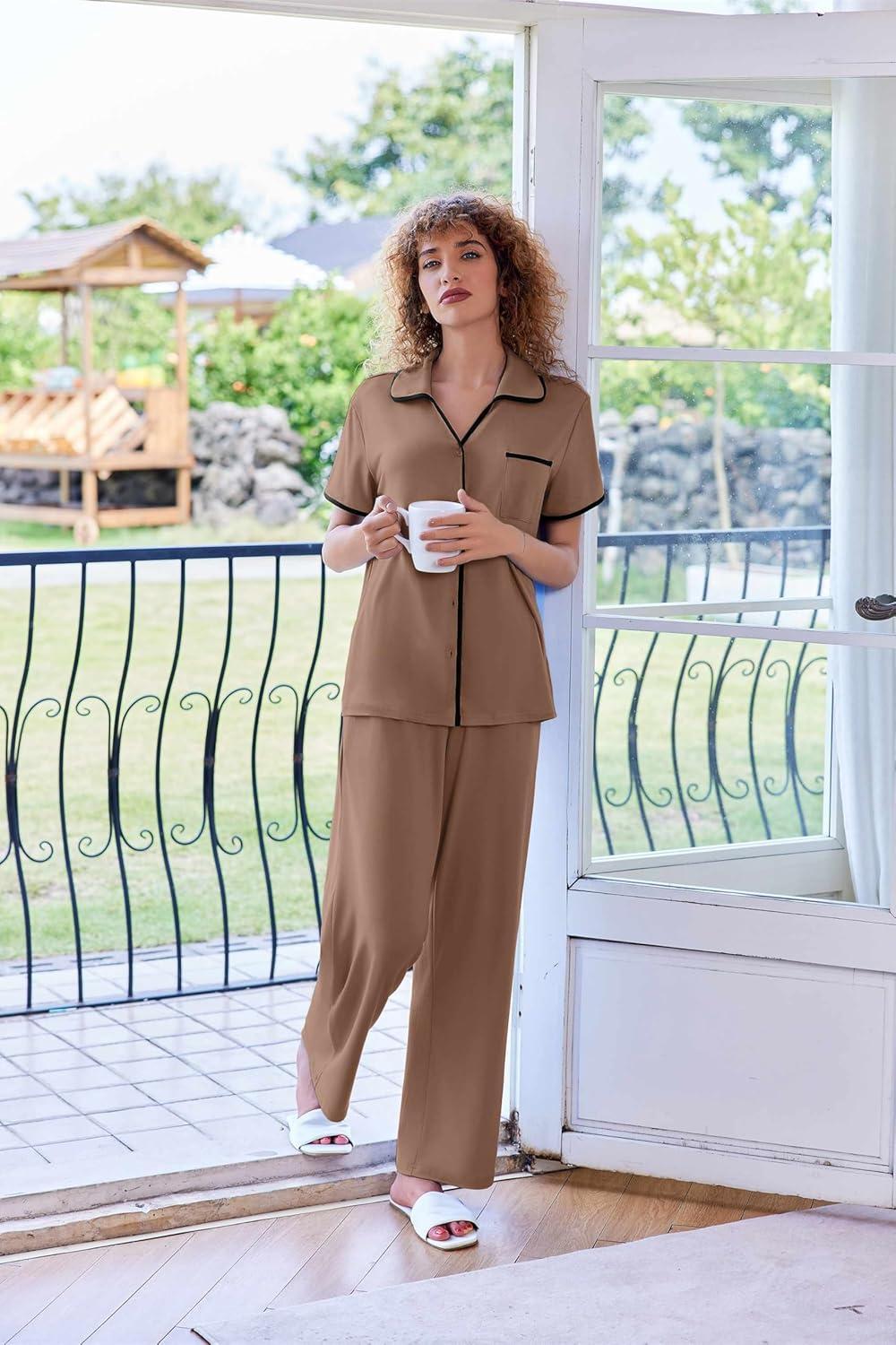 imageEkouaer Women Pajamas Button Down Notch Collar Soft Short Sleeve Pjs with Long Pant Lounge SetBrown