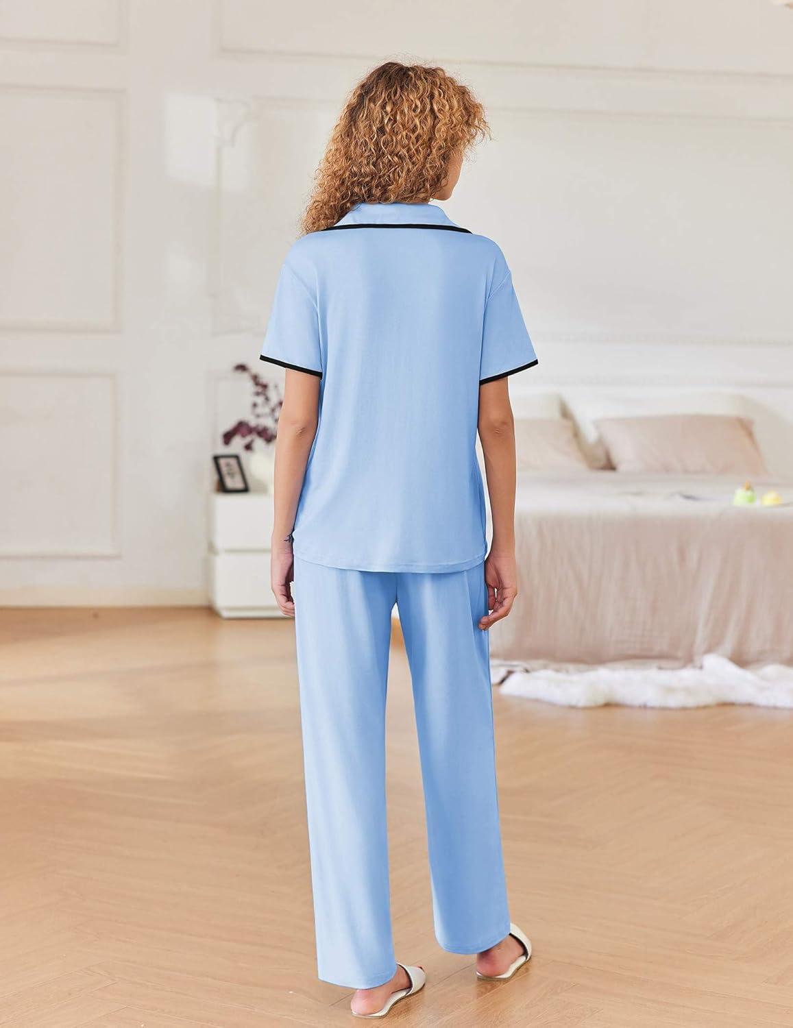 imageEkouaer Women Pajamas Button Down Notch Collar Soft Short Sleeve Pjs with Long Pant Lounge SetLight Blue