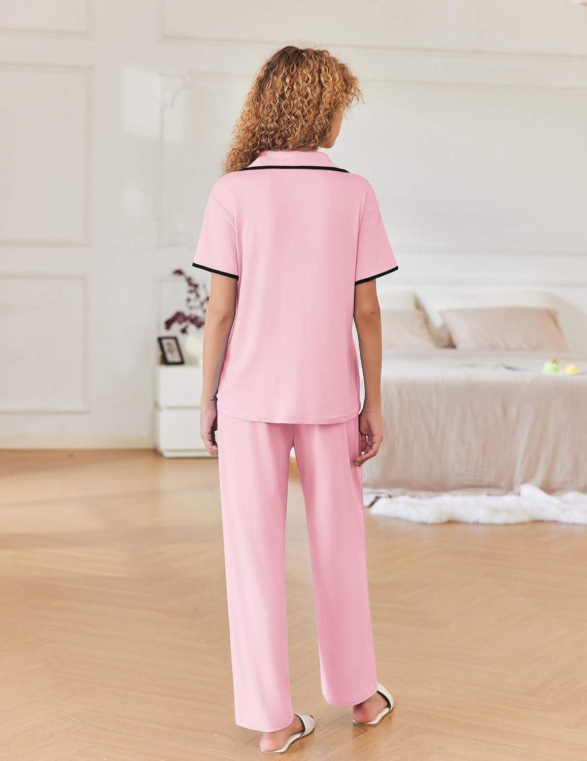 imageEkouaer Women Pajamas Button Down Notch Collar Soft Short Sleeve Pjs with Long Pant Lounge SetLight Pink