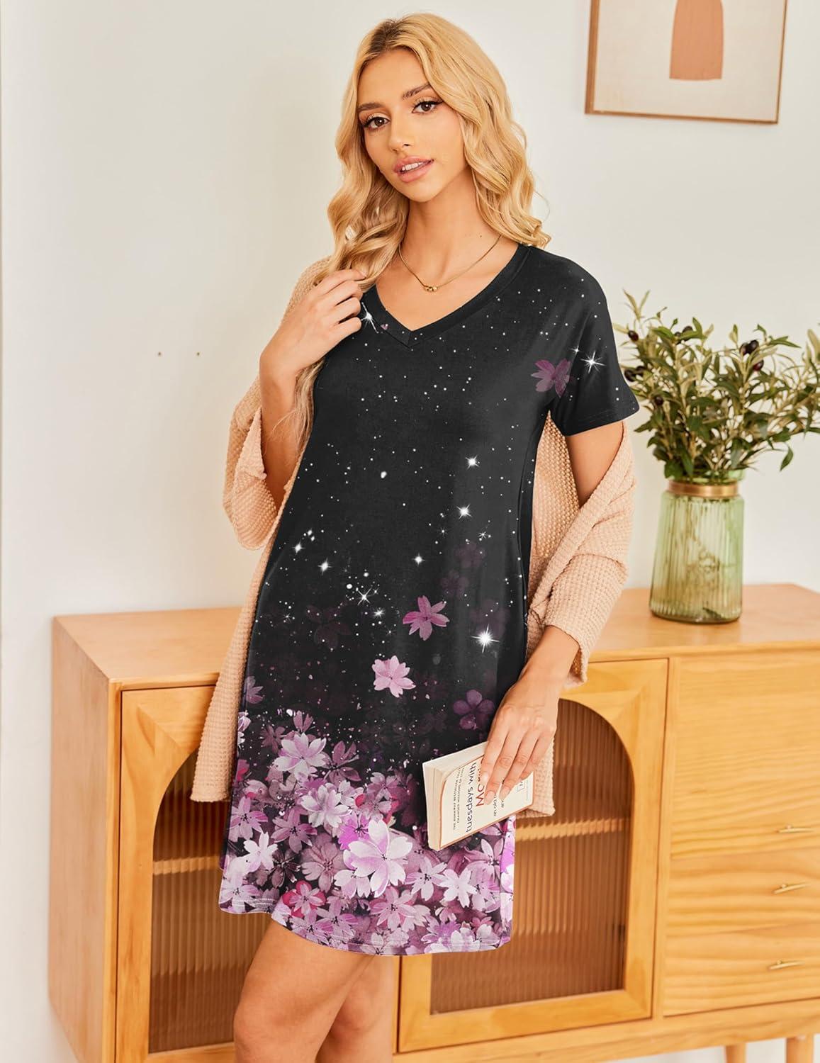 imageEkouaer Womens 2 Pack Nightgown V Neck Sleepshirt Short Sleeve Nightshirt PlainFloral Pajama Dress with PocketsBlack and Flower
