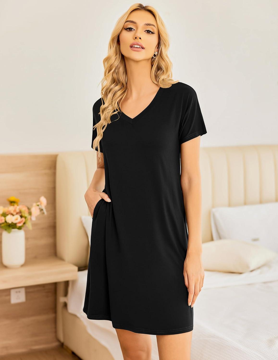 imageEkouaer Womens 2 Pack Nightgown V Neck Sleepshirt Short Sleeve Nightshirt PlainFloral Pajama Dress with PocketsBlack and Flower