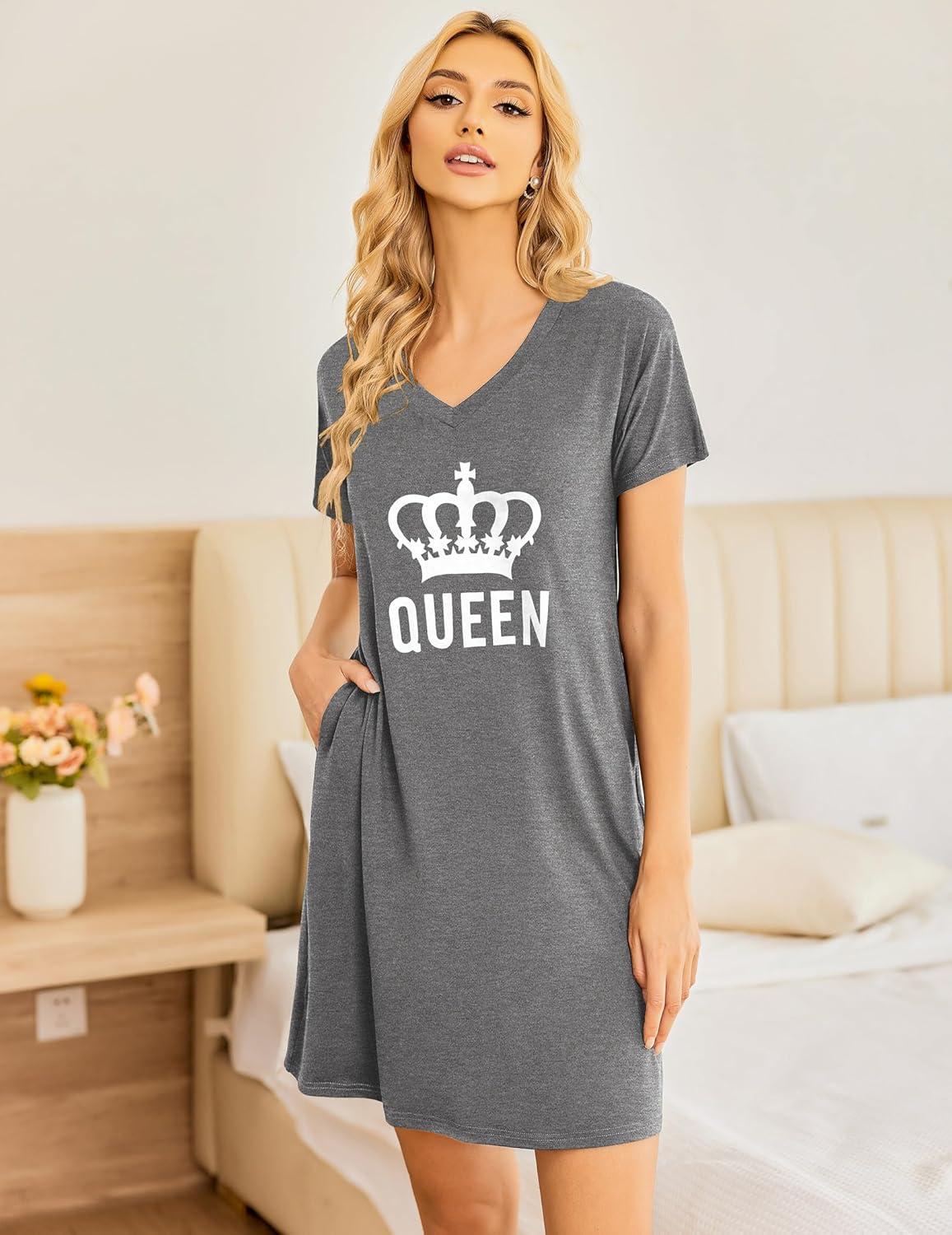 imageEkouaer Womens 2 Pack Nightgown V Neck Sleepshirt Short Sleeve Nightshirt PlainFloral Pajama Dress with PocketsBlack and Grey Gueen