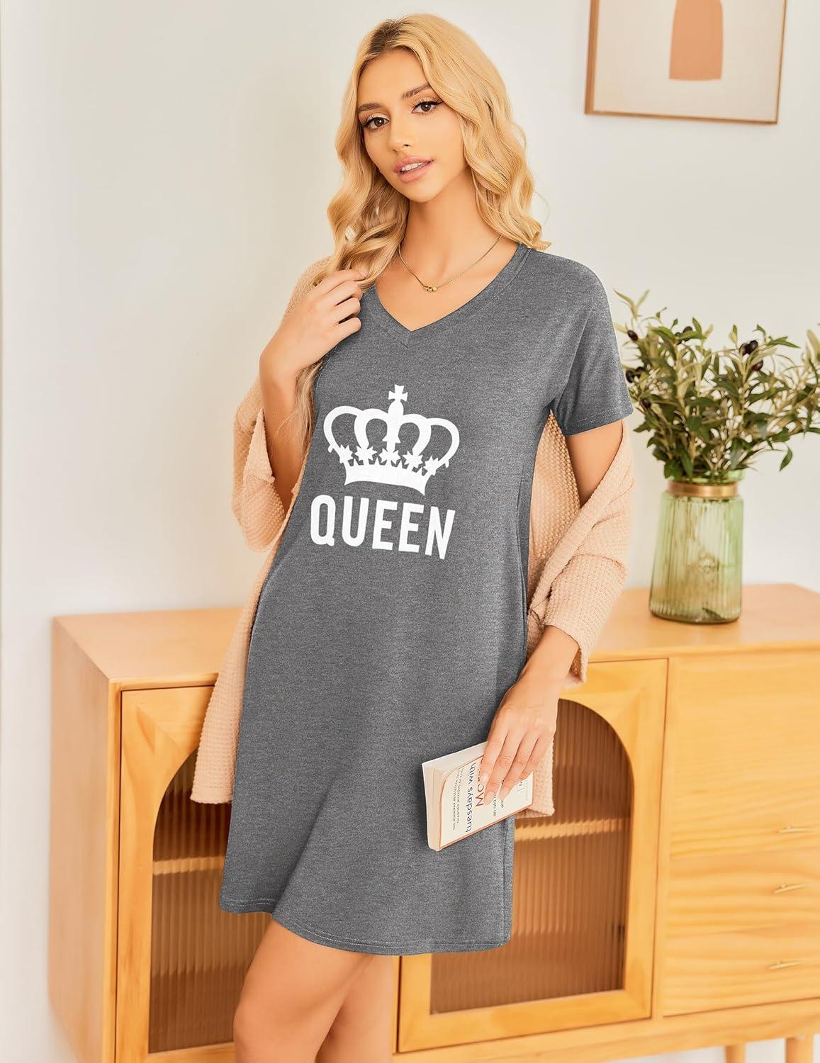 imageEkouaer Womens 2 Pack Nightgown V Neck Sleepshirt Short Sleeve Nightshirt PlainFloral Pajama Dress with PocketsBlack and Grey Gueen
