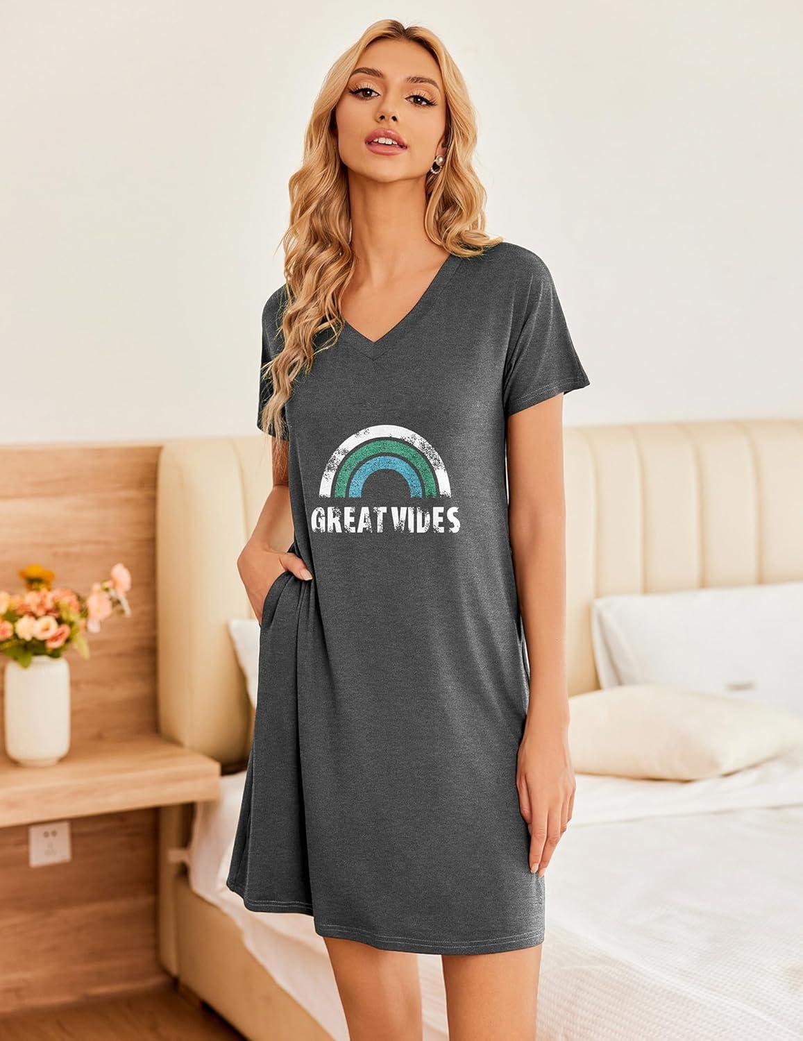 imageEkouaer Womens 2 Pack Nightgown V Neck Sleepshirt Short Sleeve Nightshirt PlainFloral Pajama Dress with PocketsBlackletter